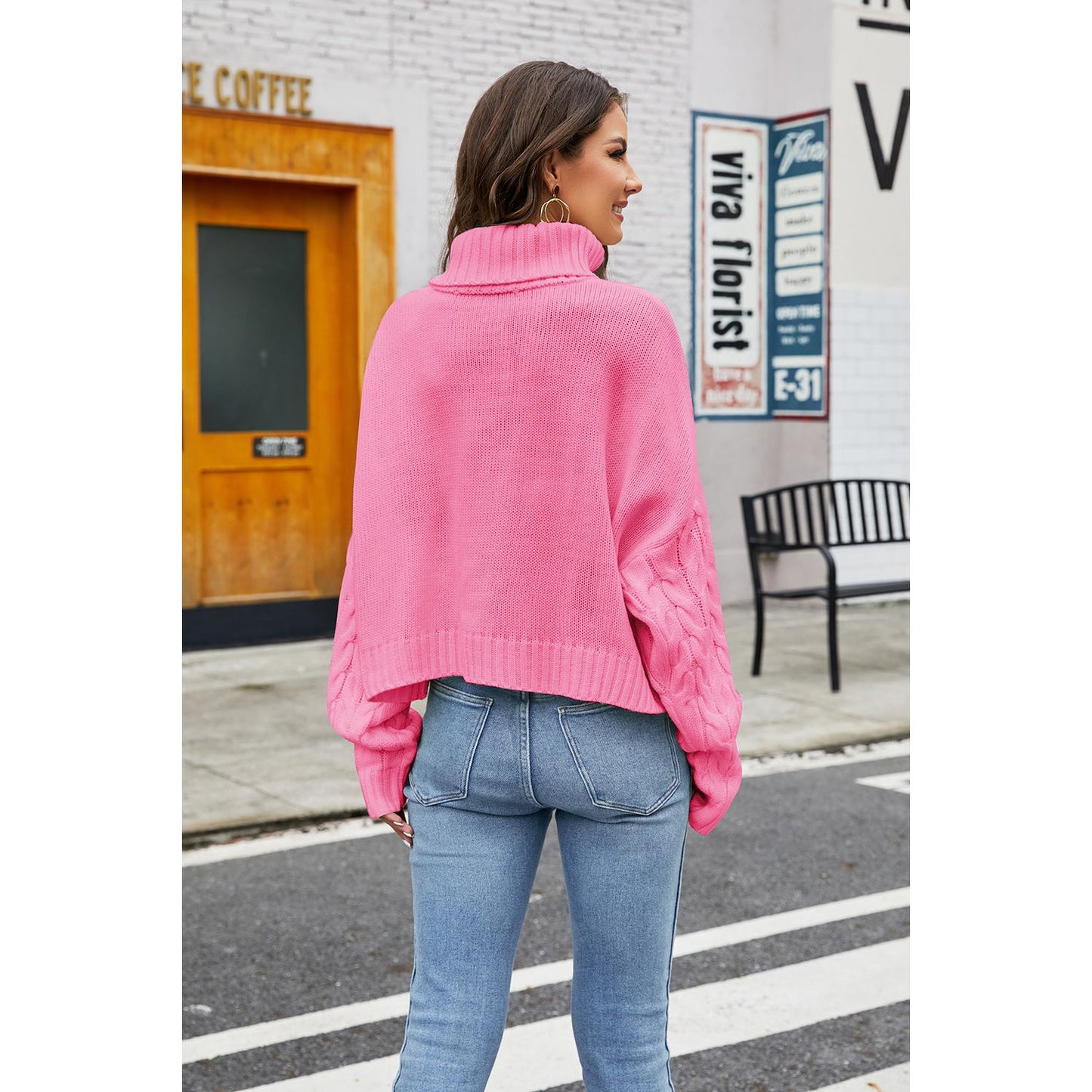 Turtleneck Cable-Knit Long Sleeve Sweater