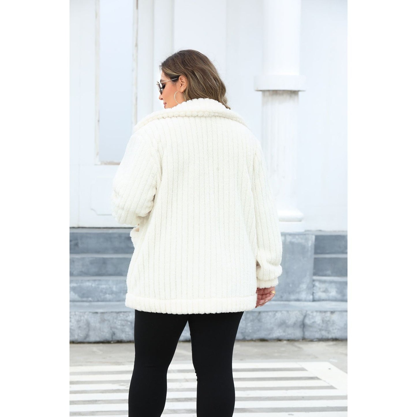 Plus Size Fuzzy Collared Neck Long Sleeve Jacket