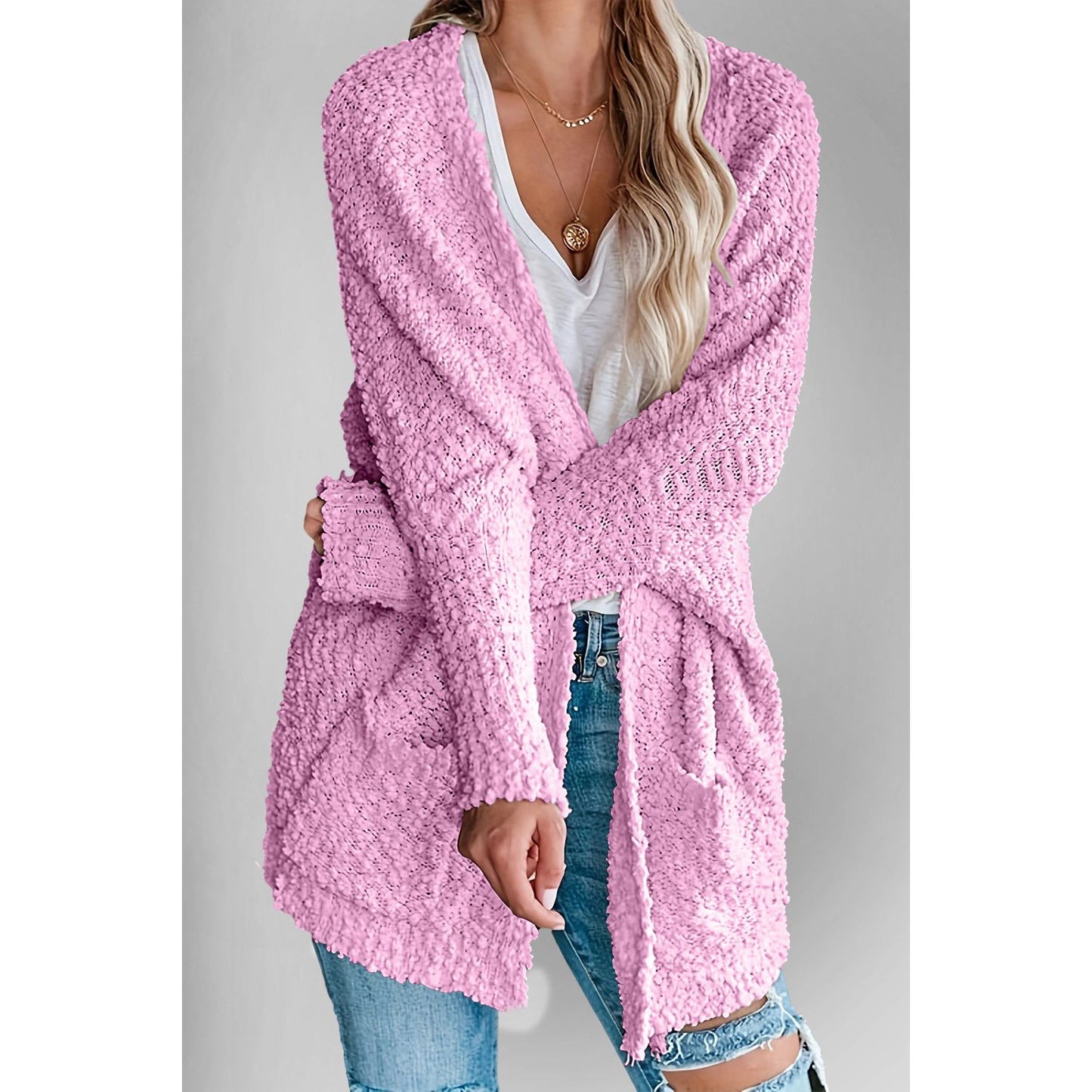 Double Take Pocketed Open Front Long Sleeve Cardigan