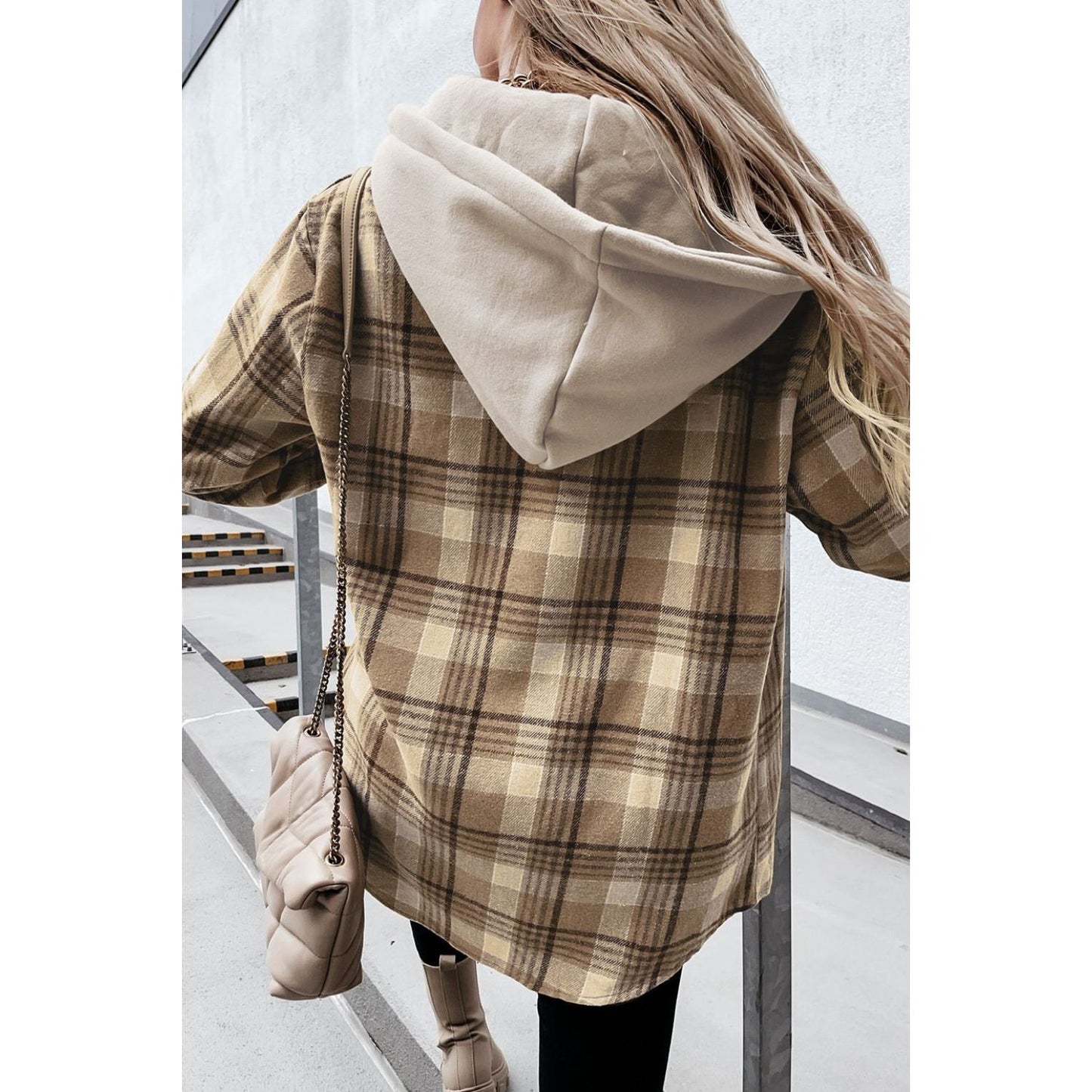 Plaid Button Up Long Sleeve Hooded Jacket