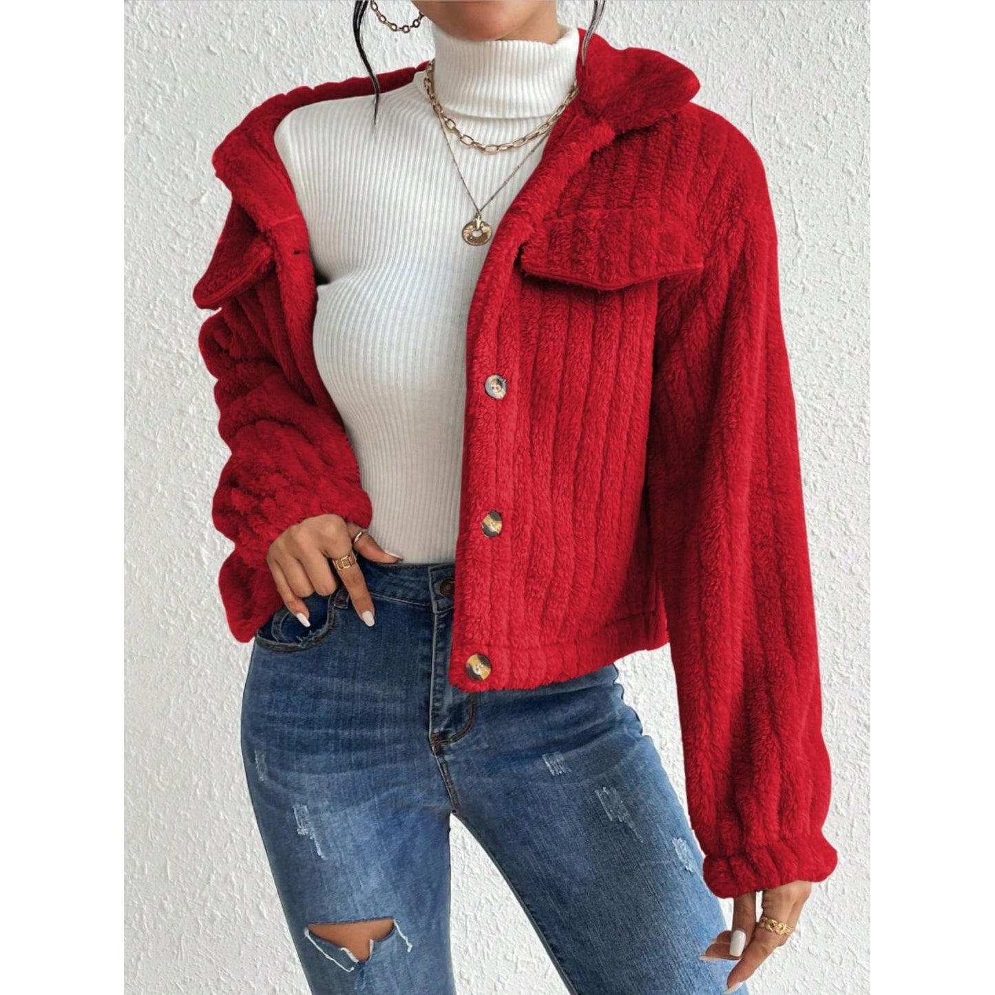 Fuzzy Button Up Collared Neck Jacket