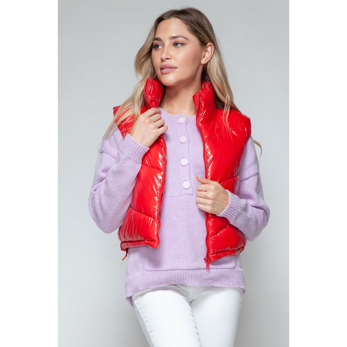 Snobbish Zip Up Turtleneck Shiny Quilted Vest