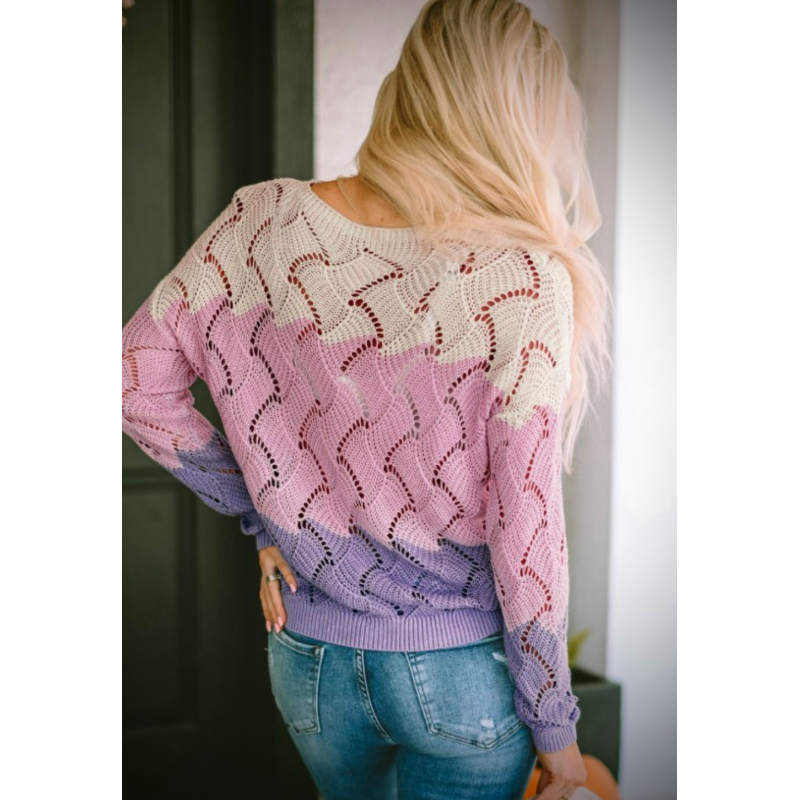 Color Block Hollow Boat Neck Sweater