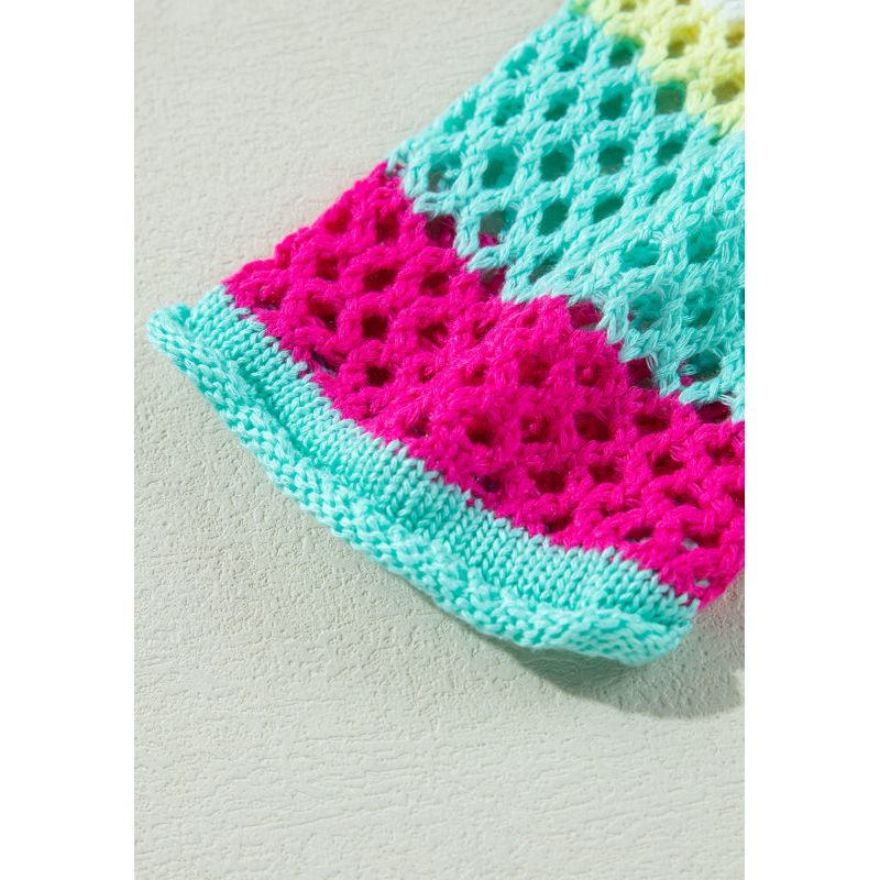 Openwork Contrast Striped Round Neck Knit Top