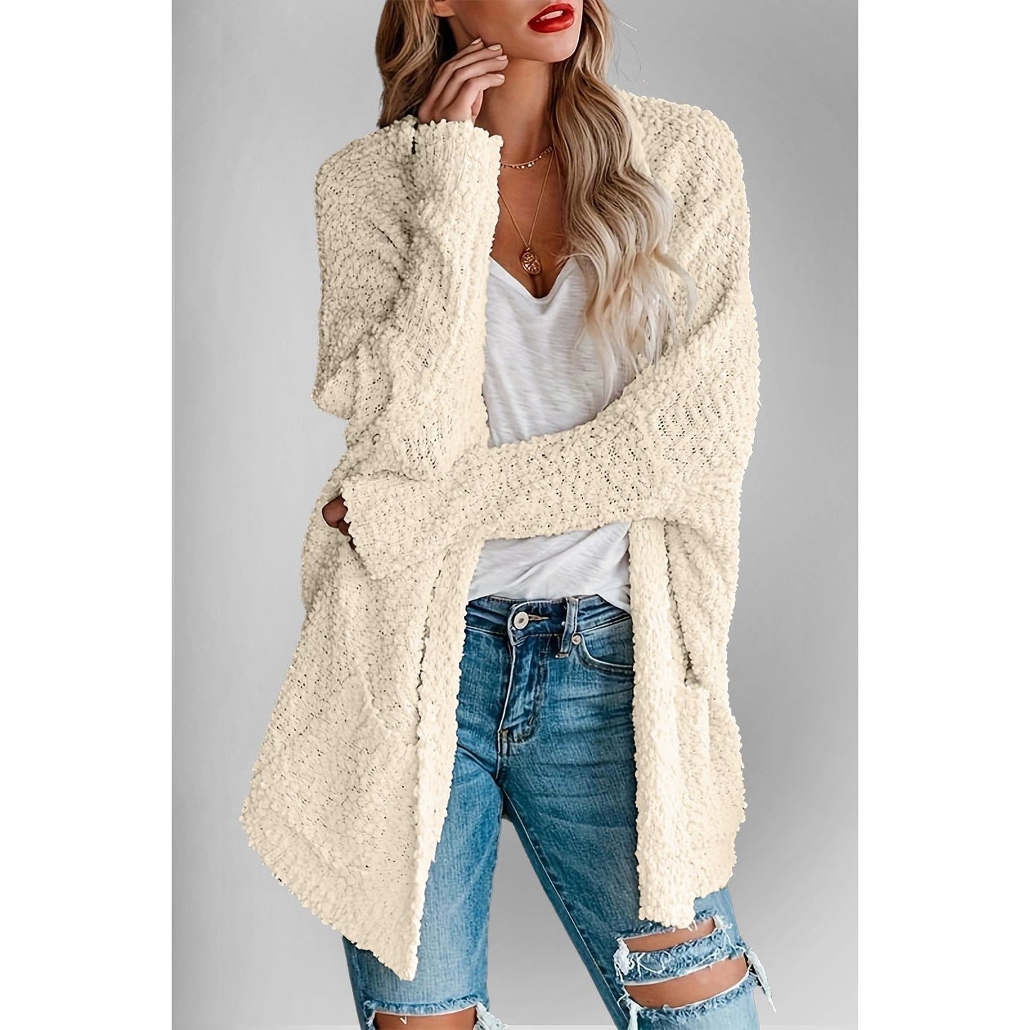 Double Take Pocketed Open Front Long Sleeve Cardigan