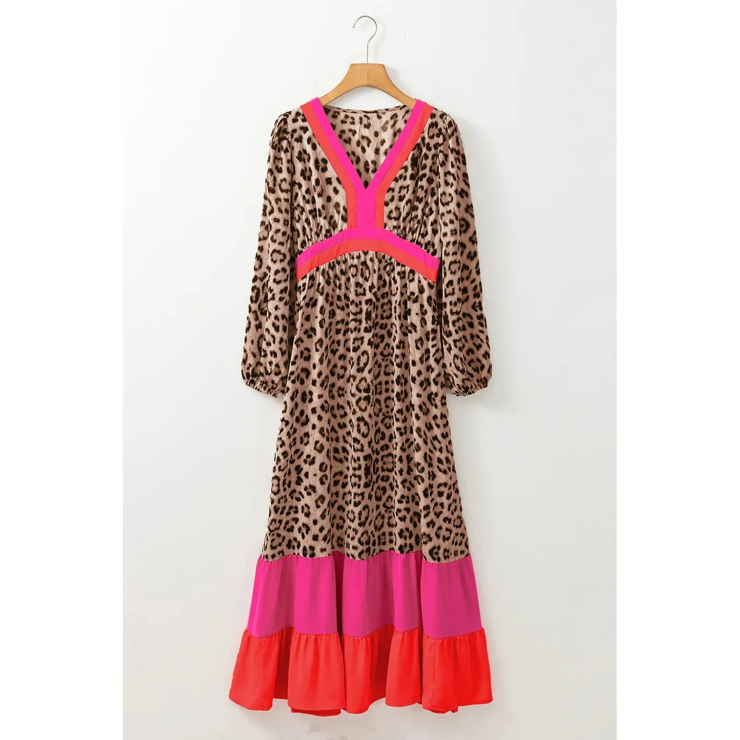 Leopard V-Neck Long Sleeve Maxi Dress