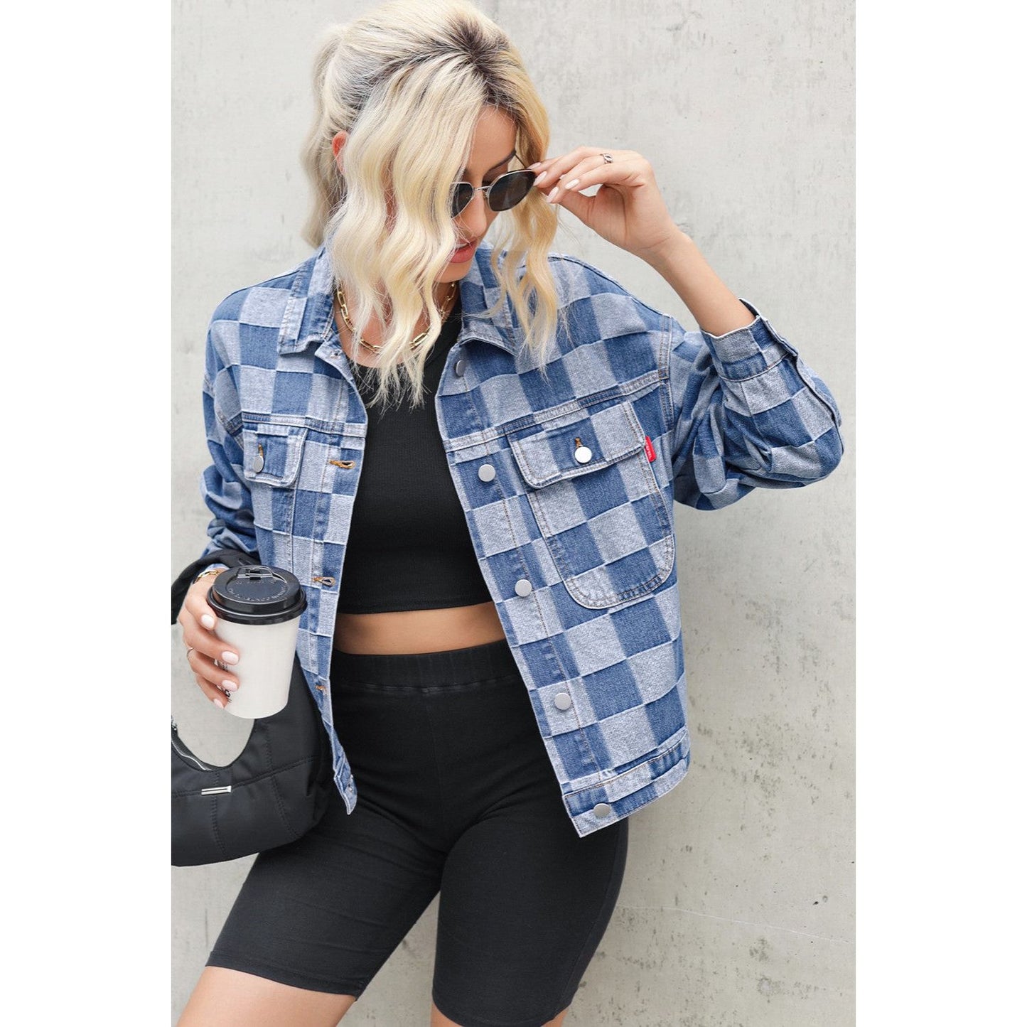 Checkered Button Up Long Sleeve Denim Jacket