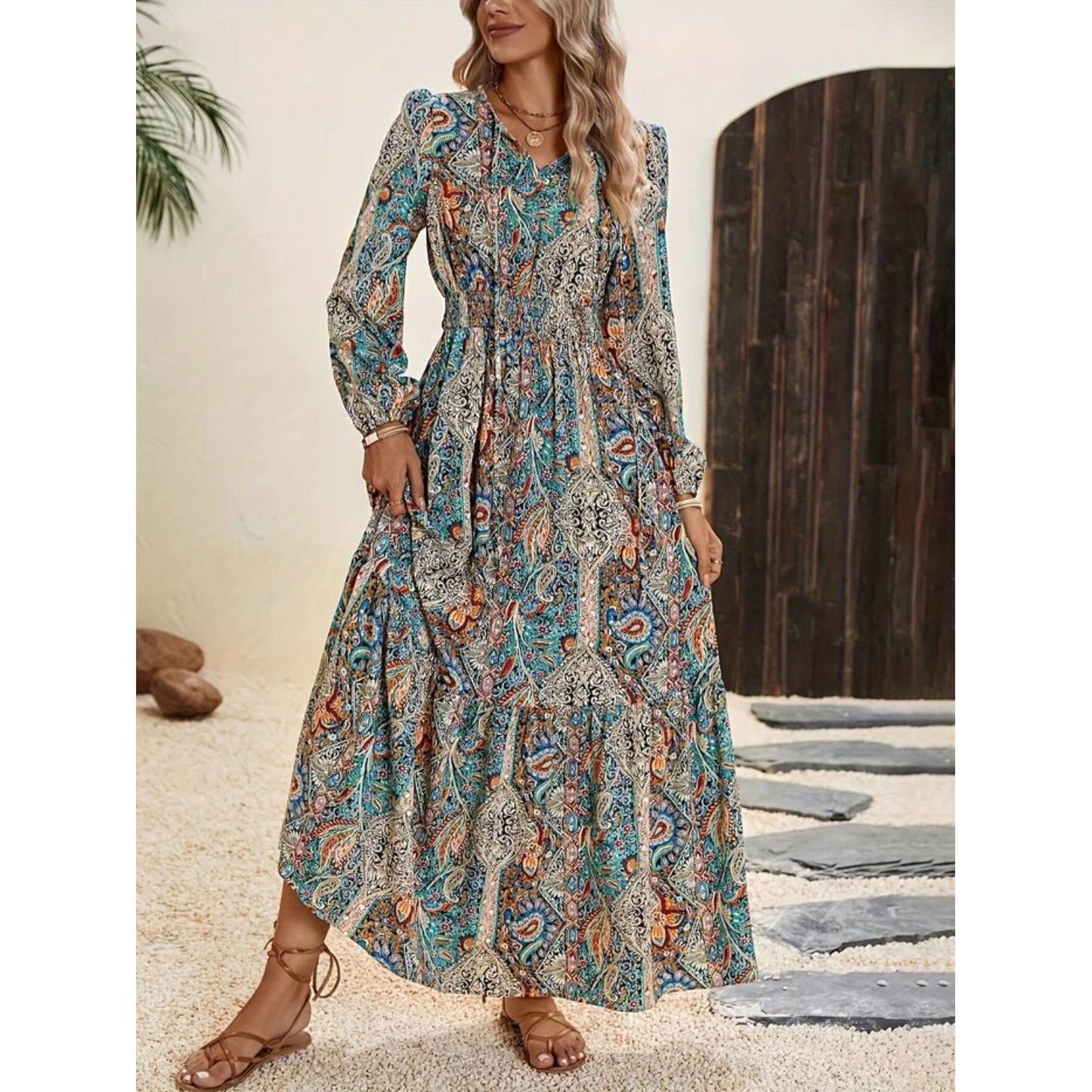Printed Tie Neck Long Sleeve Maxi Dress