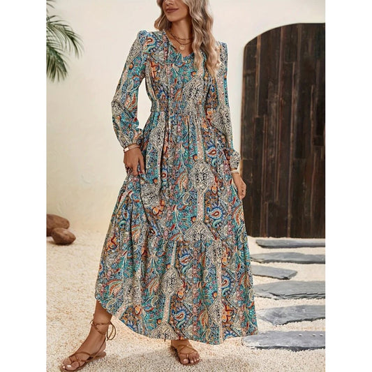 Printed Tie Neck Long Sleeve Maxi Dress