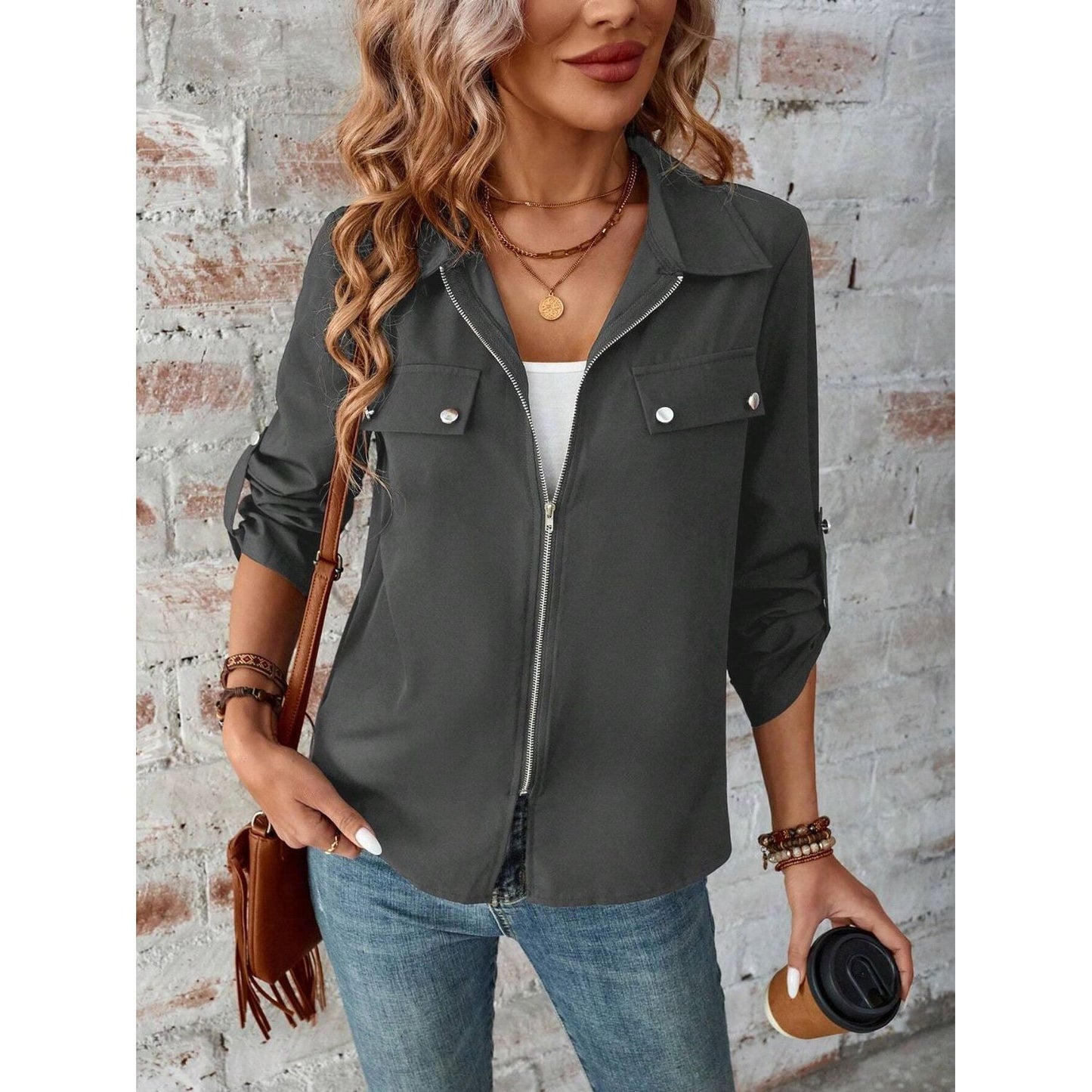 Zip Up Collared Neck Roll-Tab Sleeve Jacket