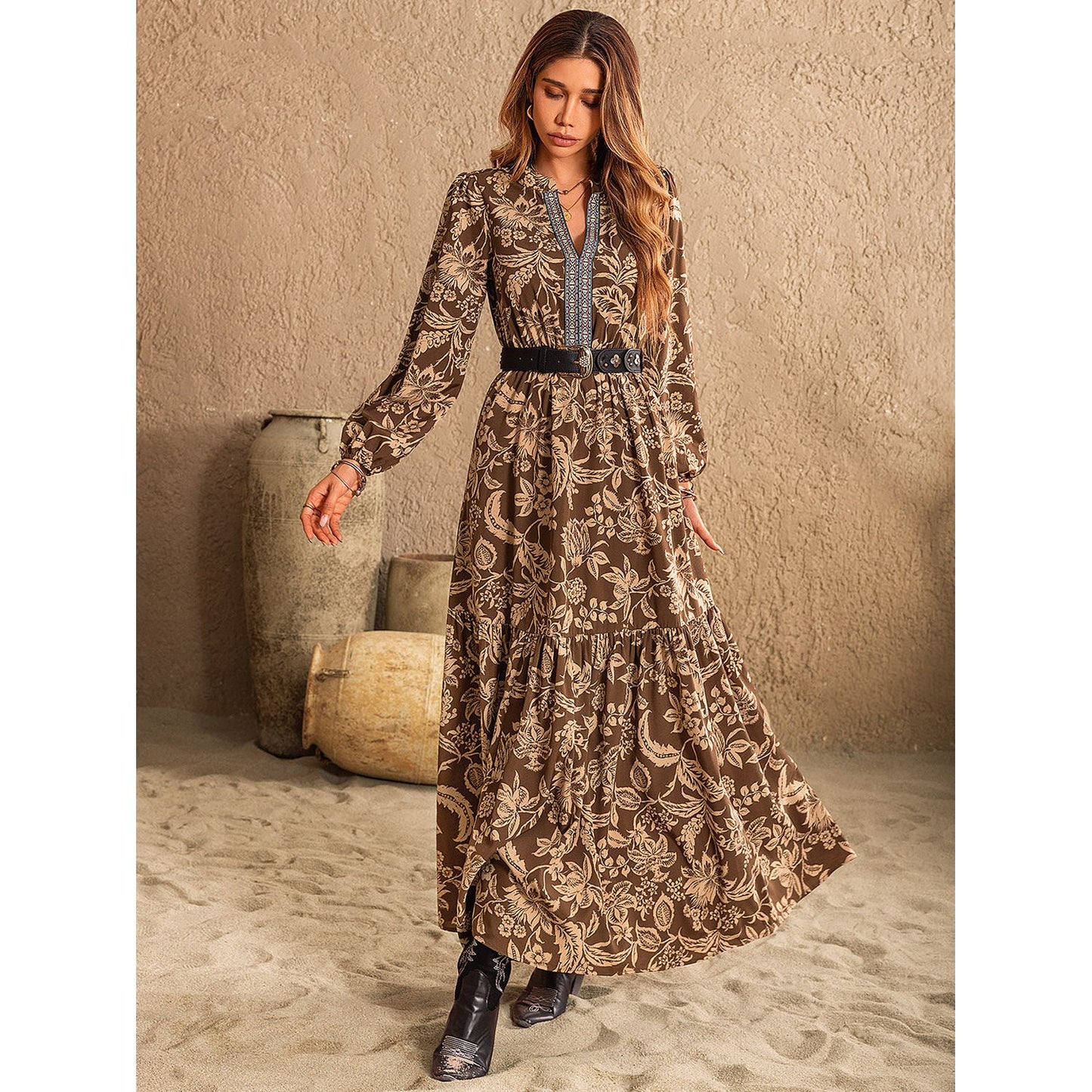 Ruched Printed Notched Long Sleeve Maxi Dress