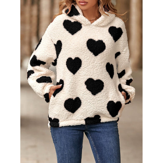 Fuzzy Heart Pocketed Dropped Shoulder Hoodie