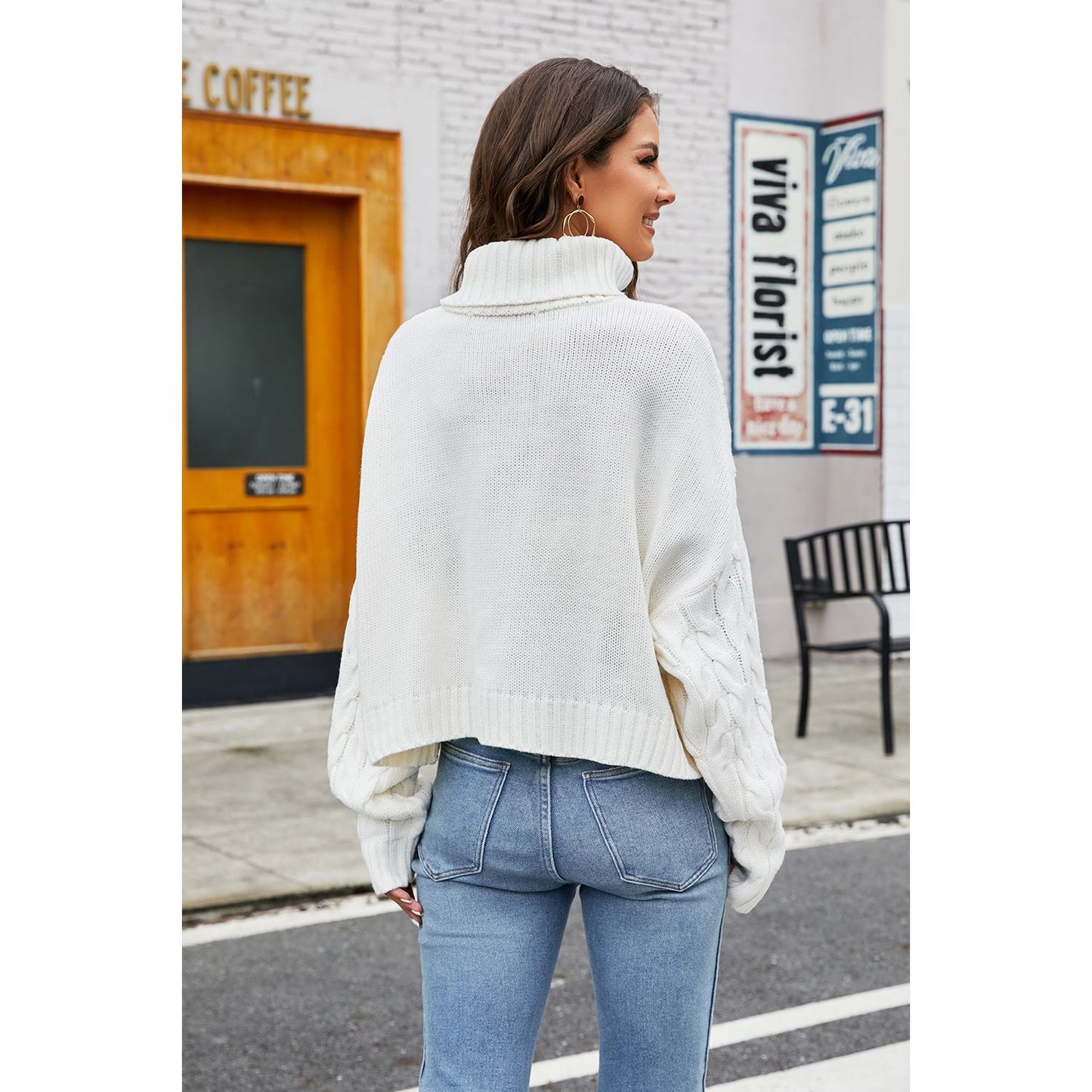 Turtleneck Cable-Knit Long Sleeve Sweater