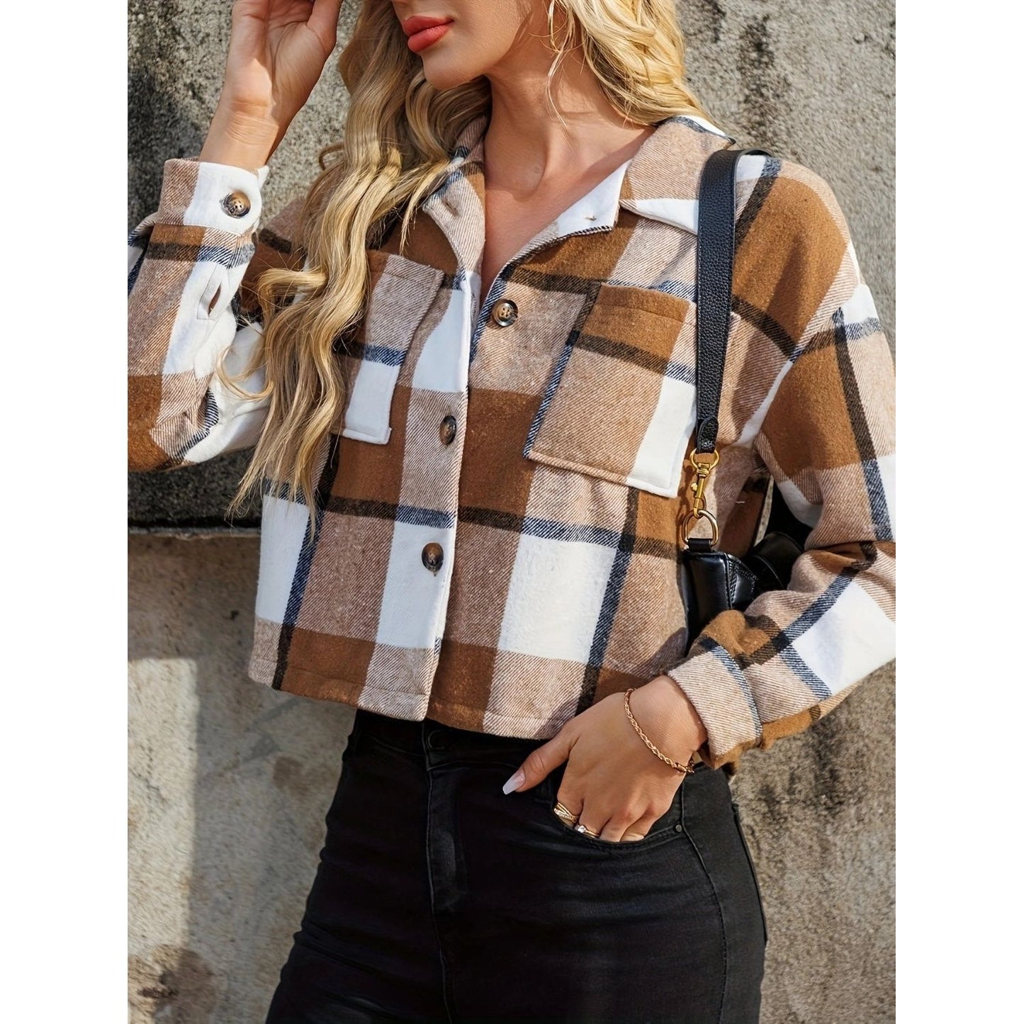 Plaid Collared Neck Cropped Jacket
