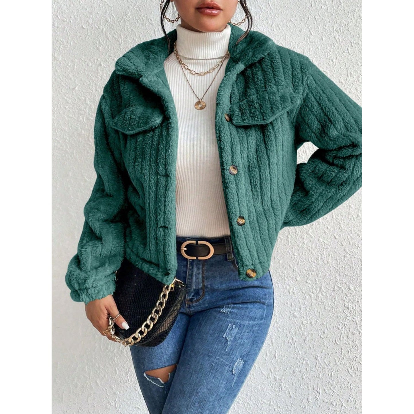 Fuzzy Button Up Collared Neck Jacket