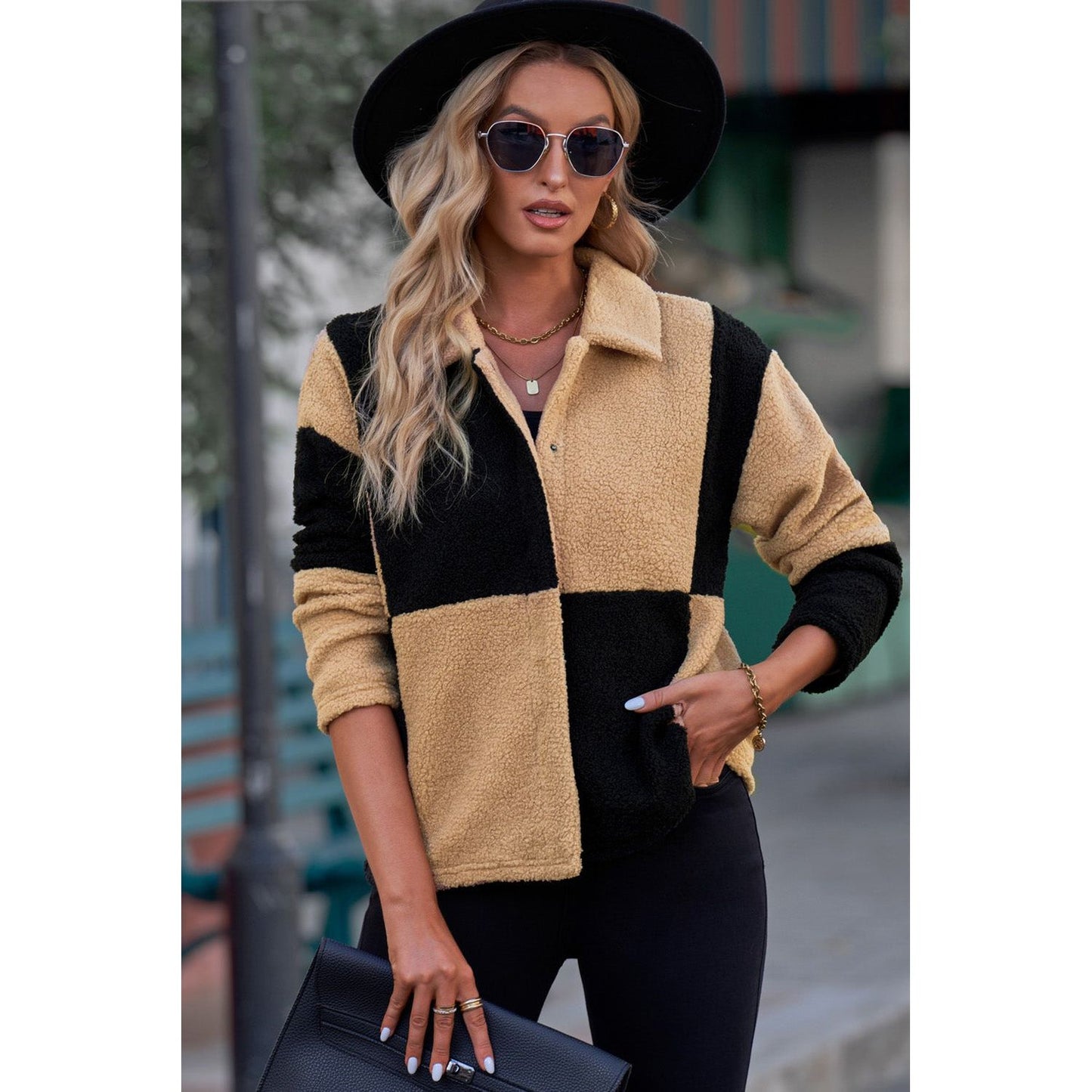 Color Block Snap Down Collared Neck Jacket