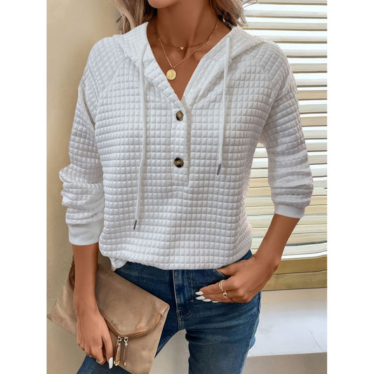 Full Size Texture Button Detail Drawstring Long Sleeve Hoodie