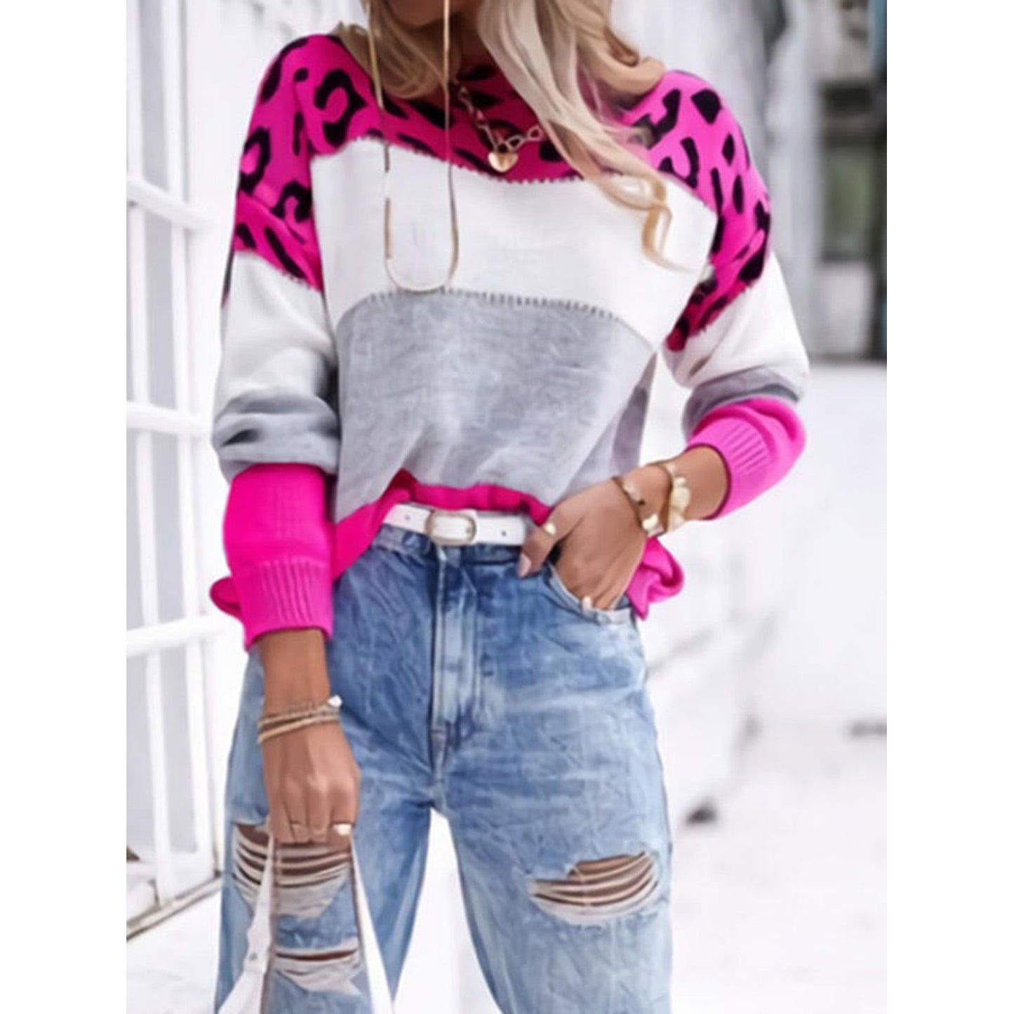 Leopard Color Block Round Neck Long Sleeve Sweater