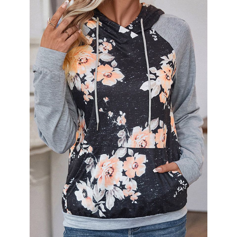 Perfee Printed Raglan Sleeve Hoodie