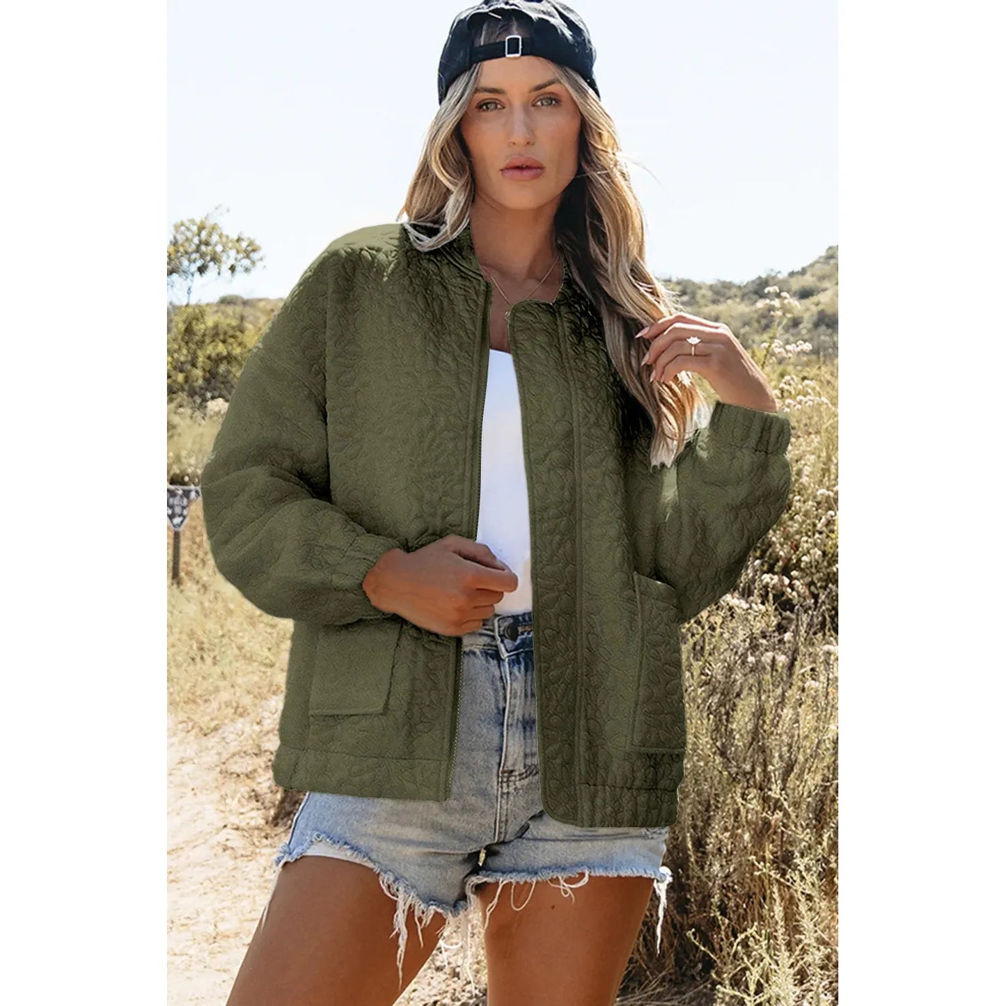 Baseball Collar Floral Quilted Jacket