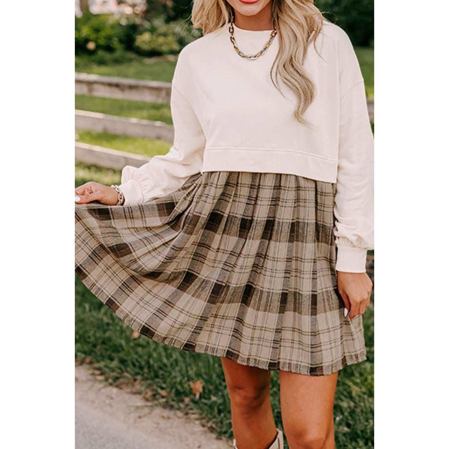 Plaid Round Neck Long Sleeve Mini Dress