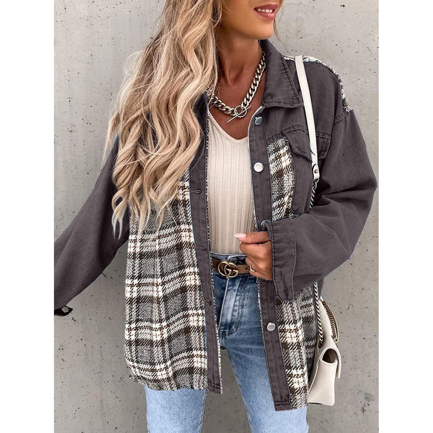 Plaid Button Up Dropped Shoulder Jacket