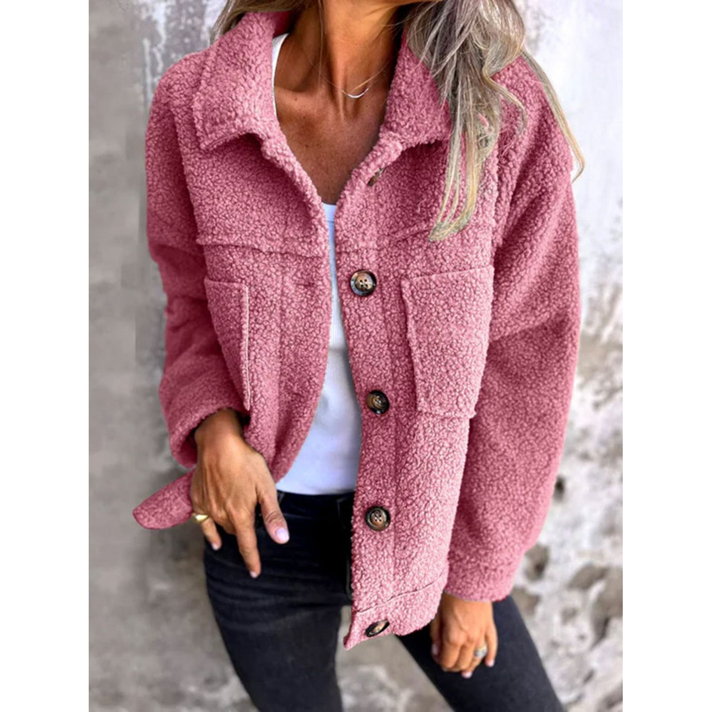 Full Size Fuzzy Button Up Drop Shoulder Jacket