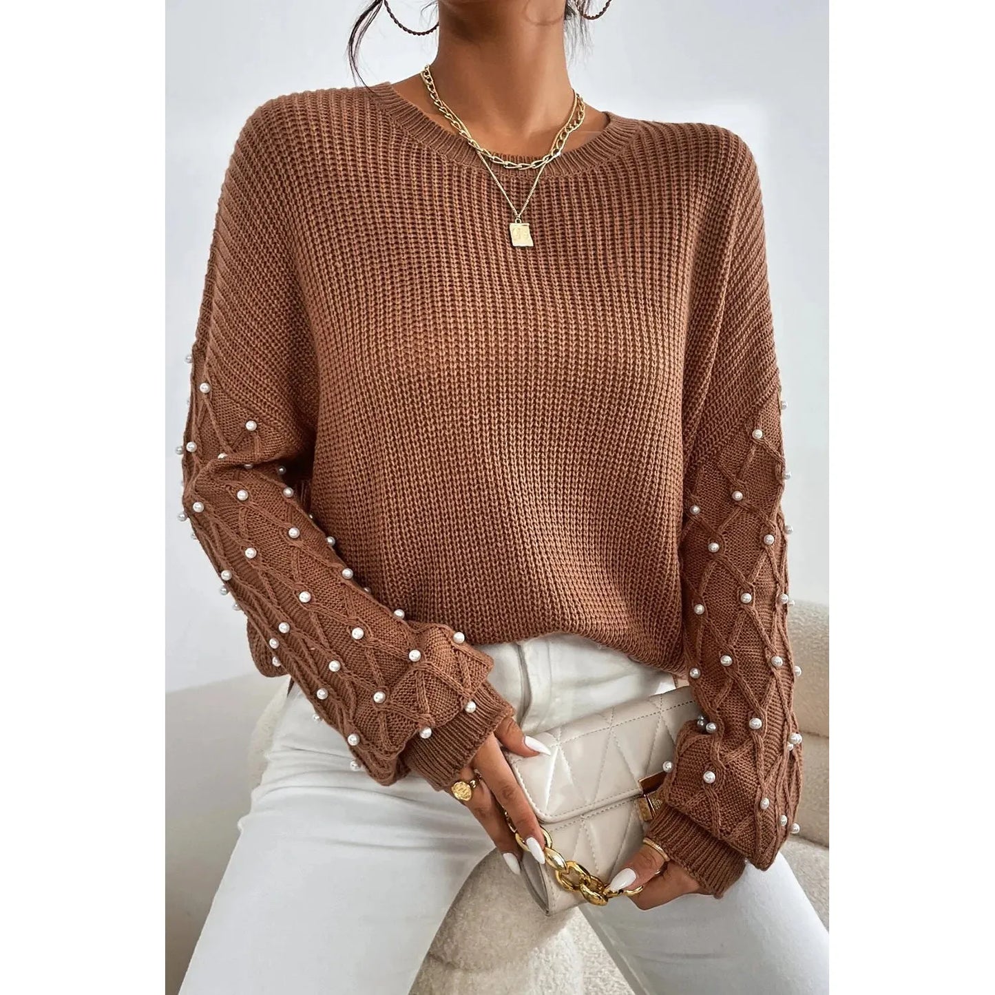 Pearl Detail Round Neck Long Sleeve Sweater
