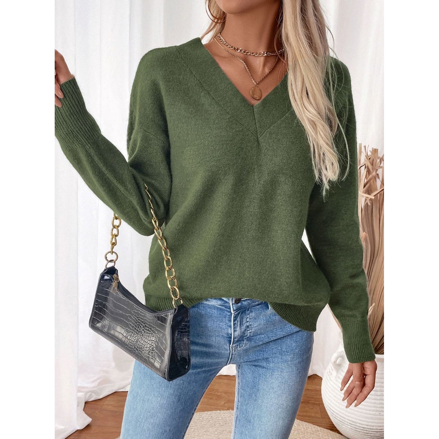 Perfee Twisted V-Neck Long Sleeve Sweatshirt