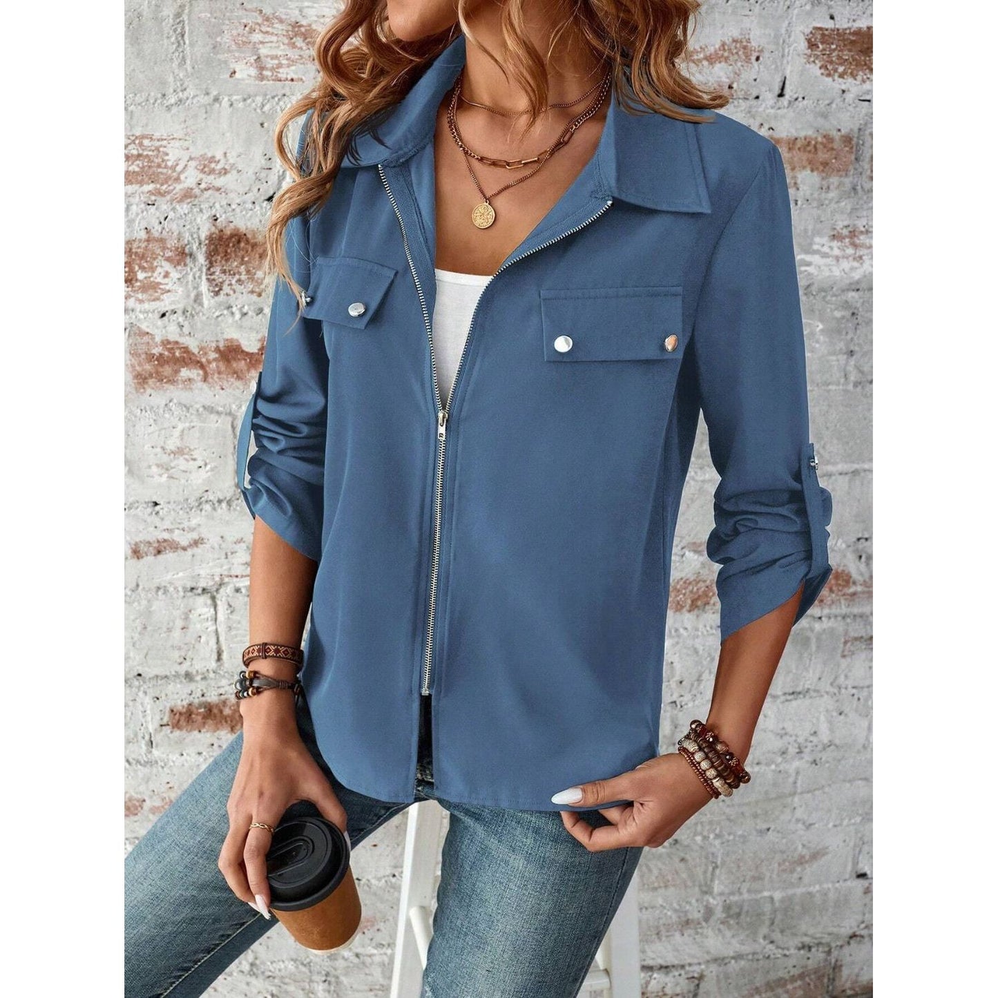 Zip Up Collared Neck Roll-Tab Sleeve Jacket