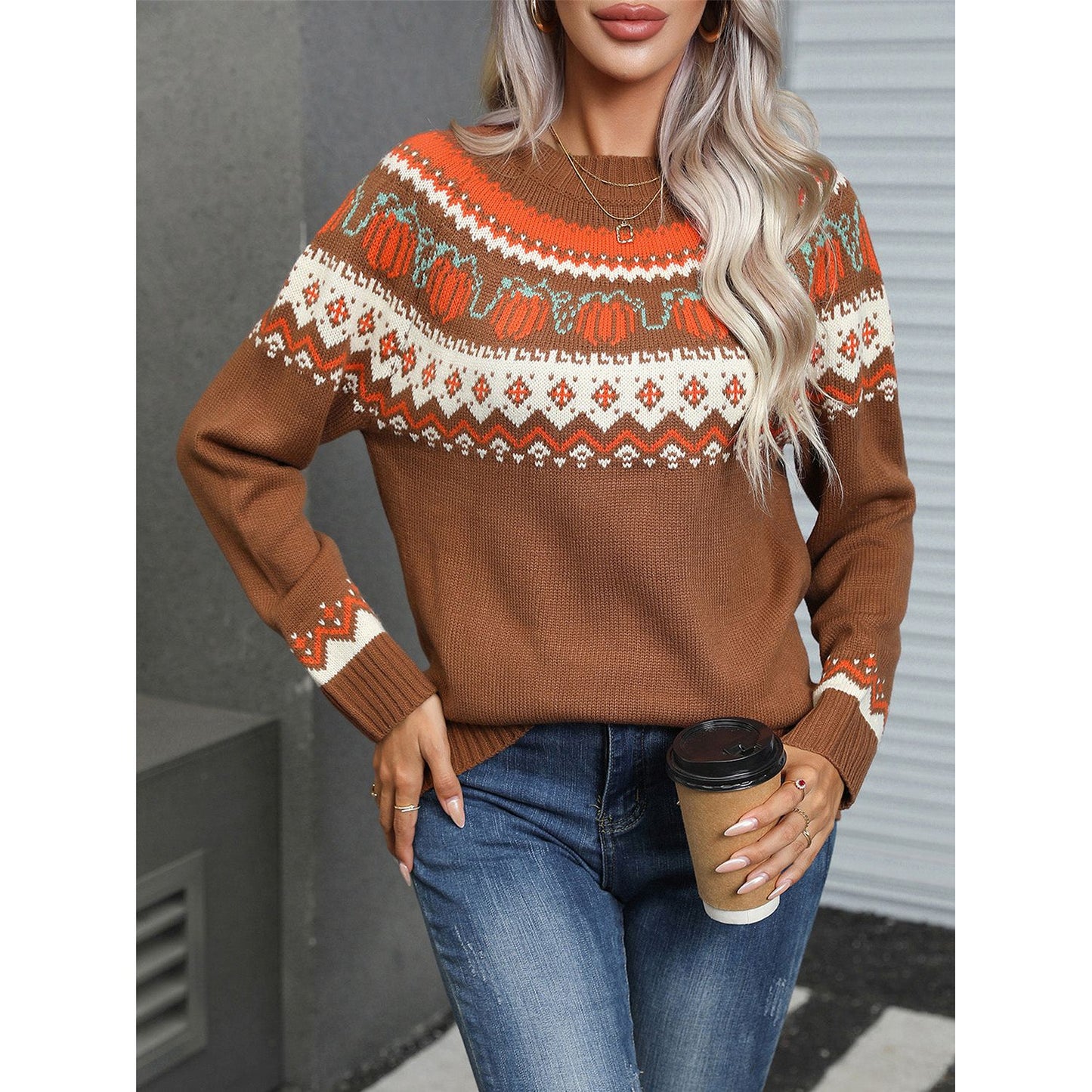 Angel Wings Geometric Round Neck Long Sleeve Sweater