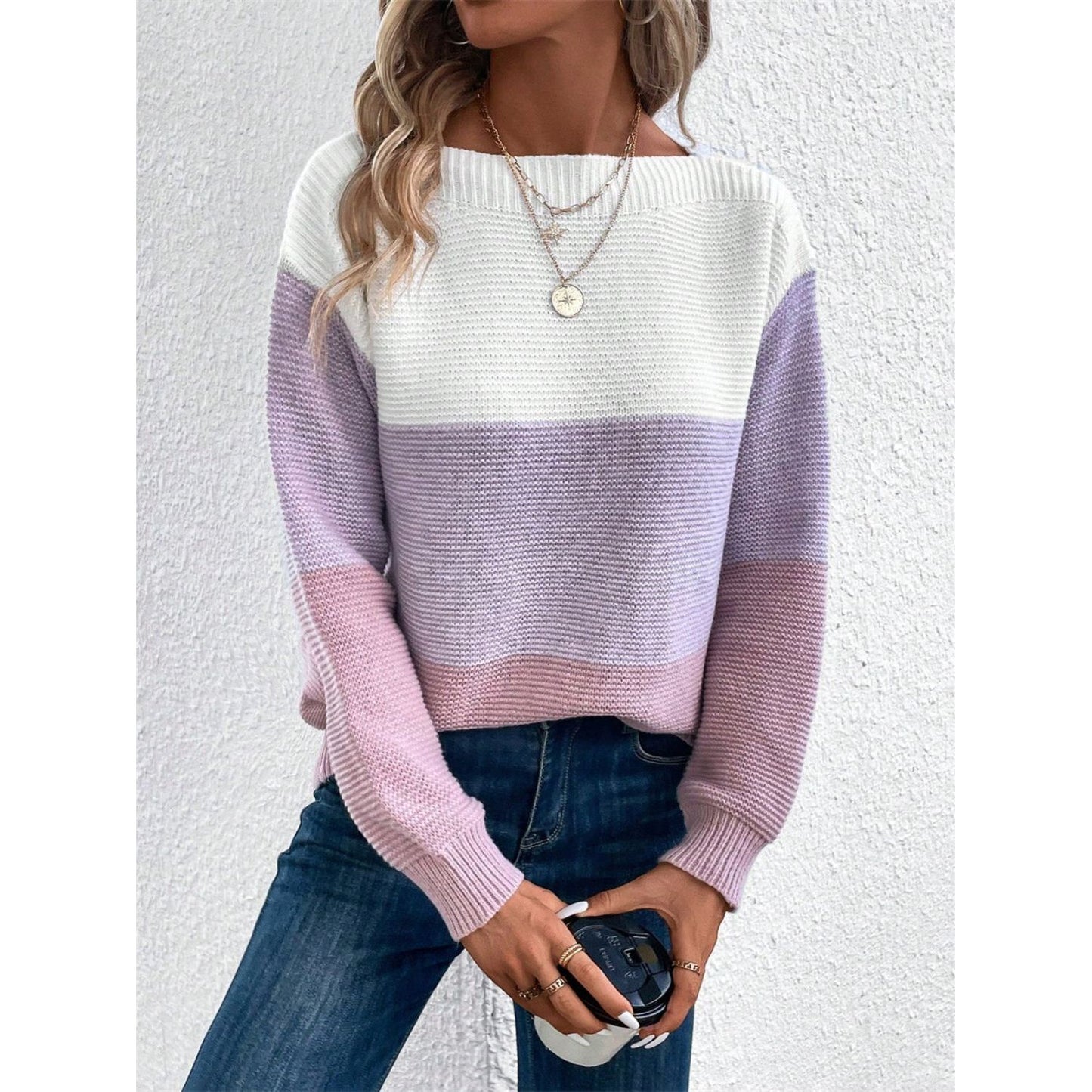 Color Block Drop Shoulder Long Sleeve Sweater