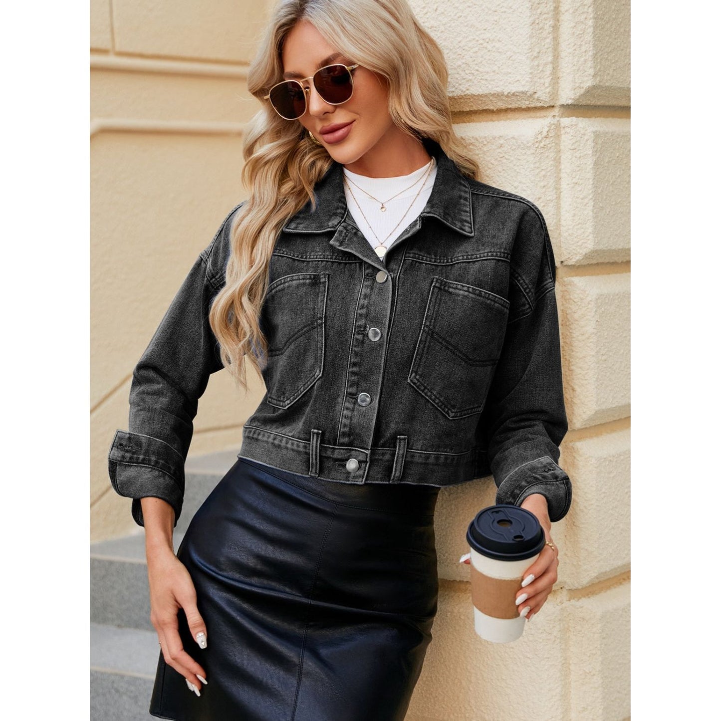Pocketed Button Up Dropped Shoulder Denim Jacket