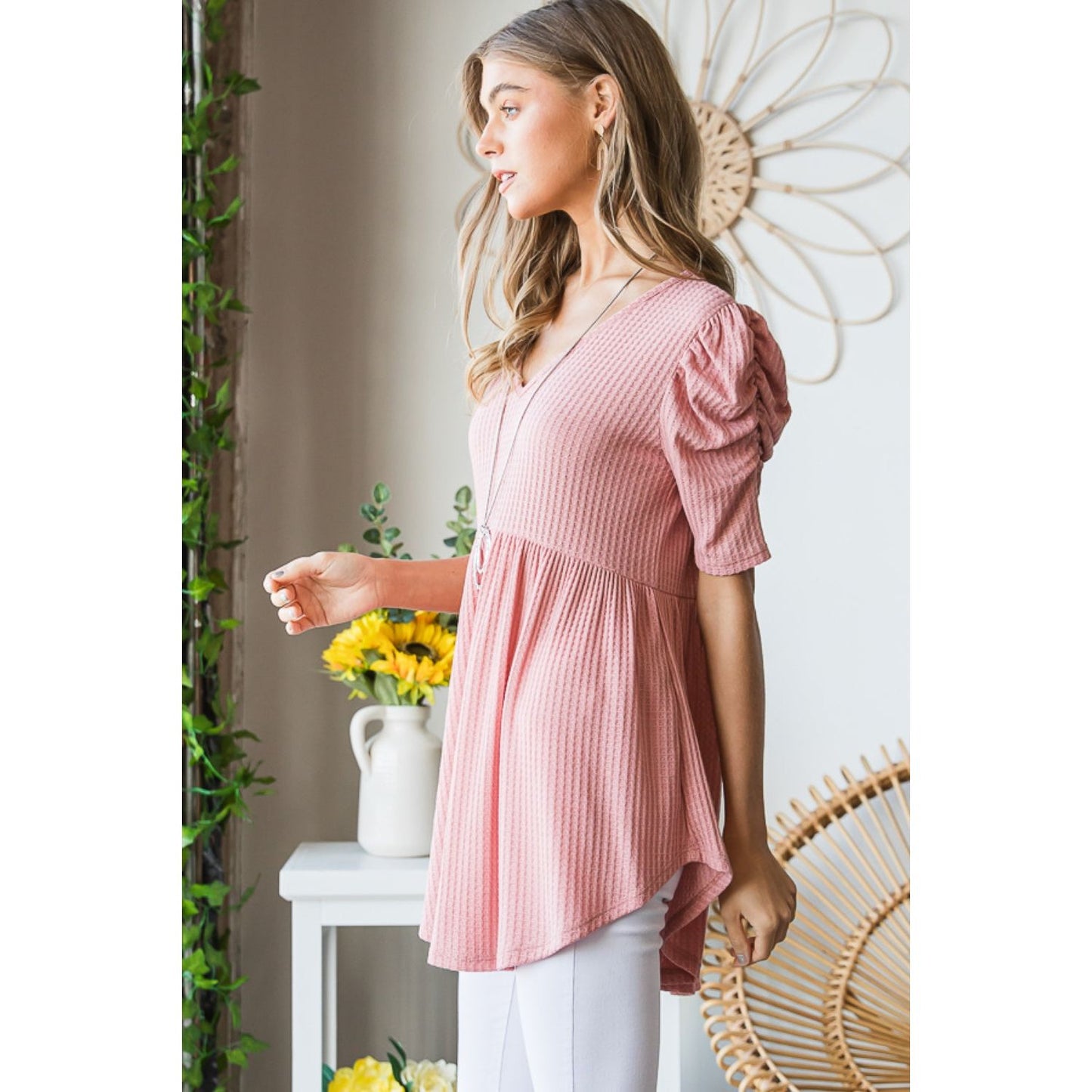 Heimish Full Size Waffle Knit V-Neck Babydoll Top