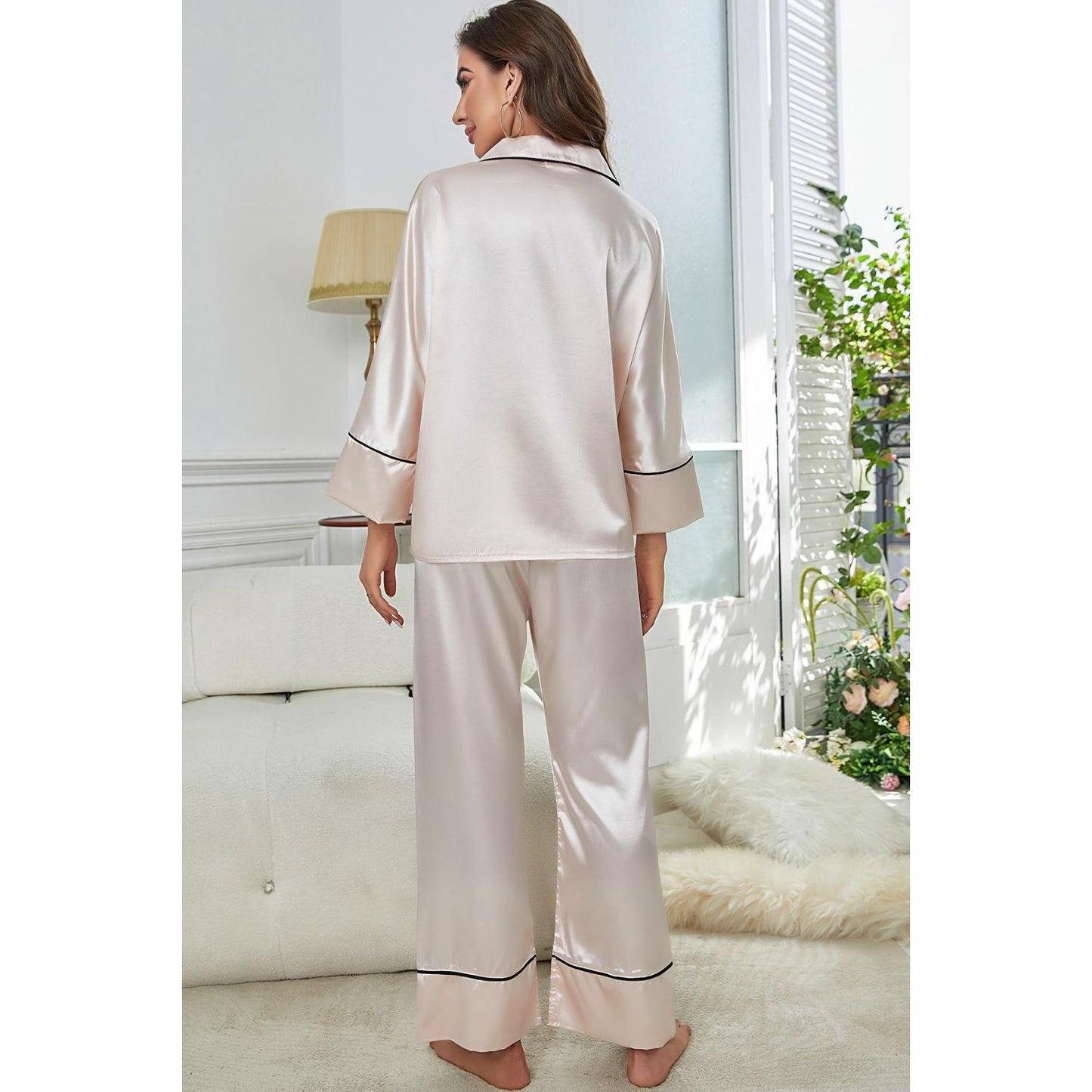 Contrast Piping Button-Up Top and Pants Pajama Set