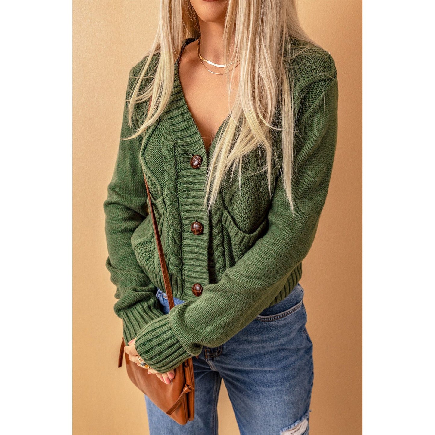 Cable-Knit Button Down V-Neck Cardigan
