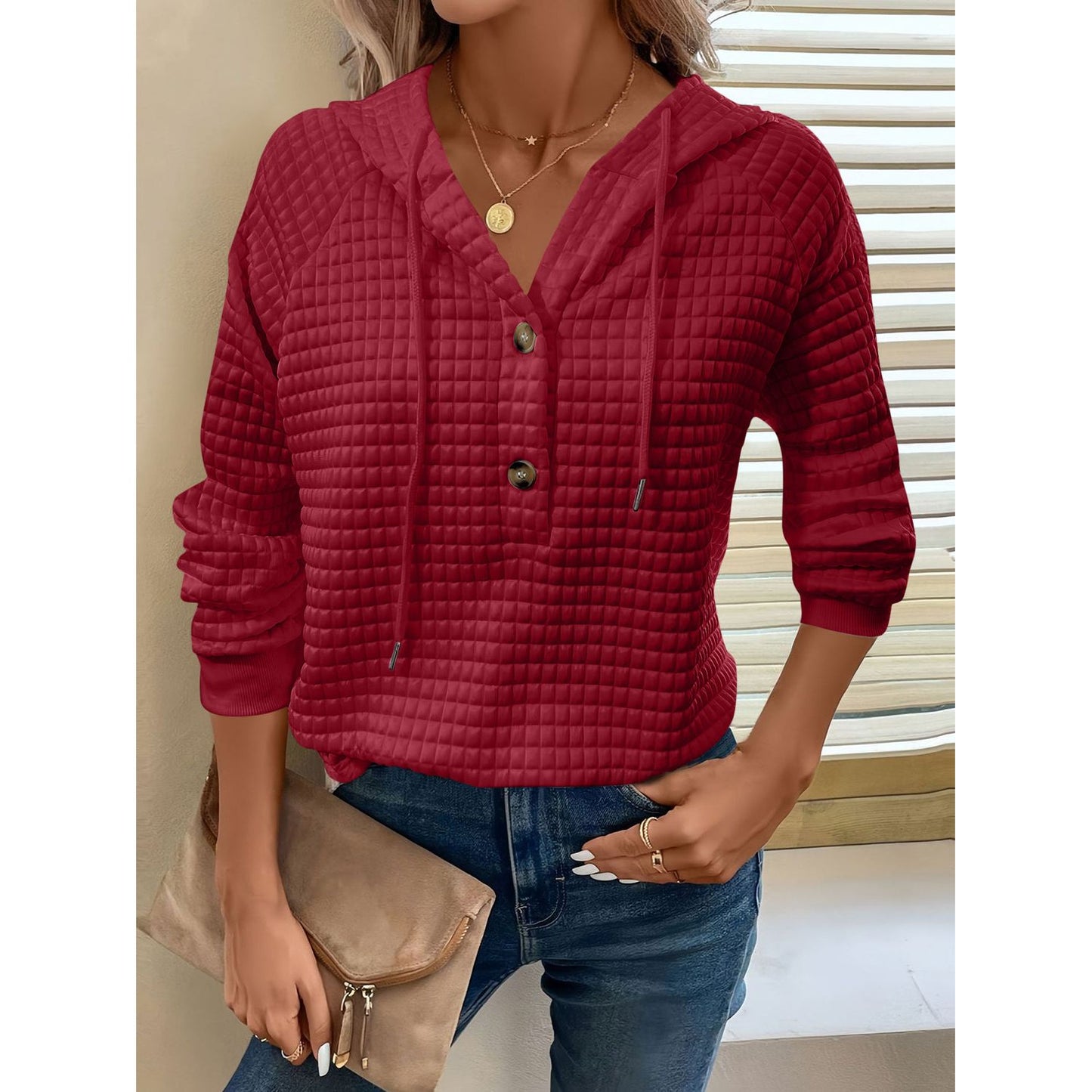 Full Size Texture Button Detail Drawstring Long Sleeve Hoodie