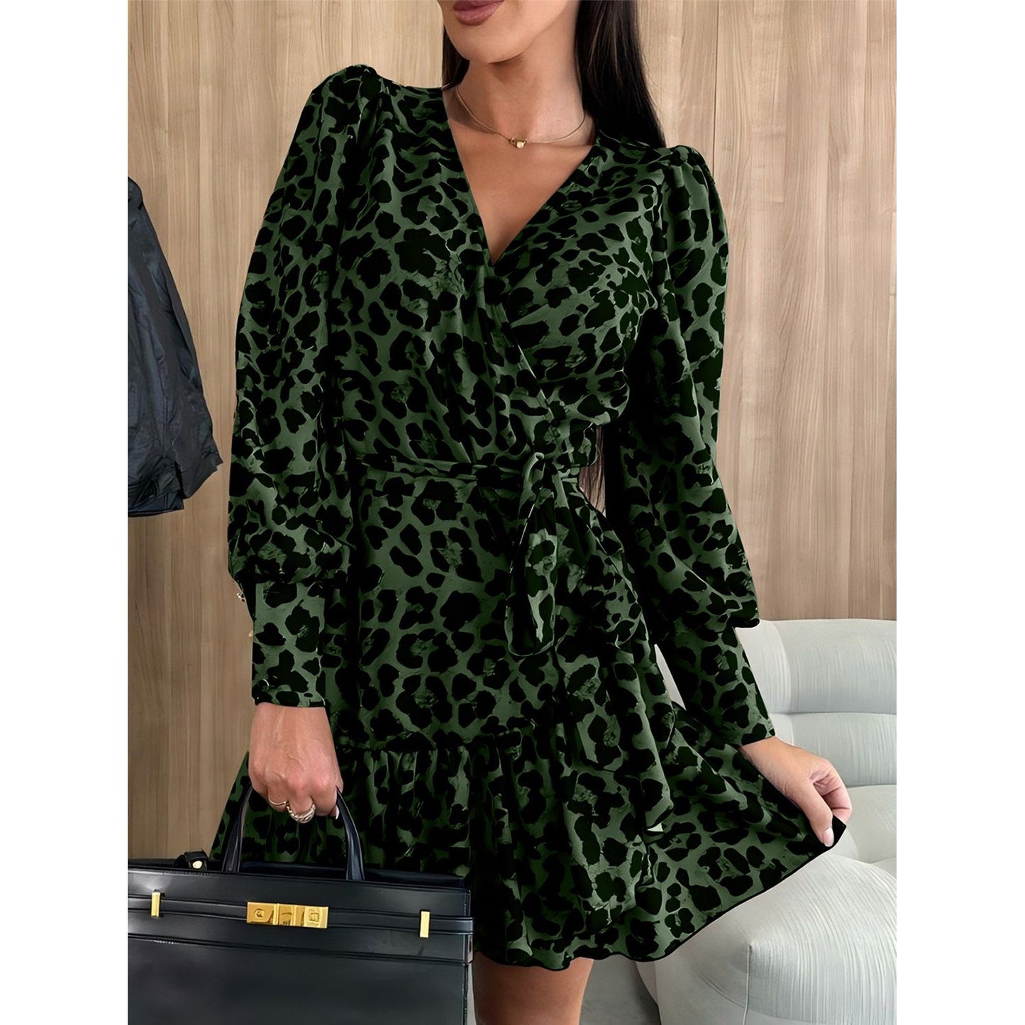 Tied Leopard Surplice Long Sleeve Dress