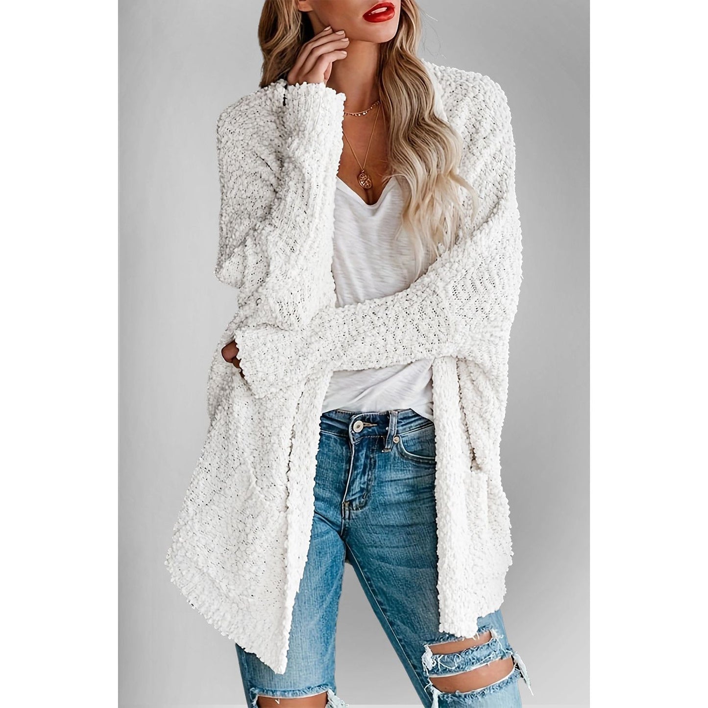 Double Take Pocketed Open Front Long Sleeve Cardigan