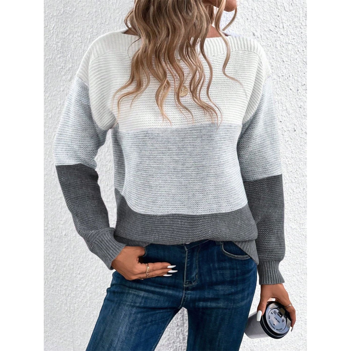 Color Block Drop Shoulder Long Sleeve Sweater