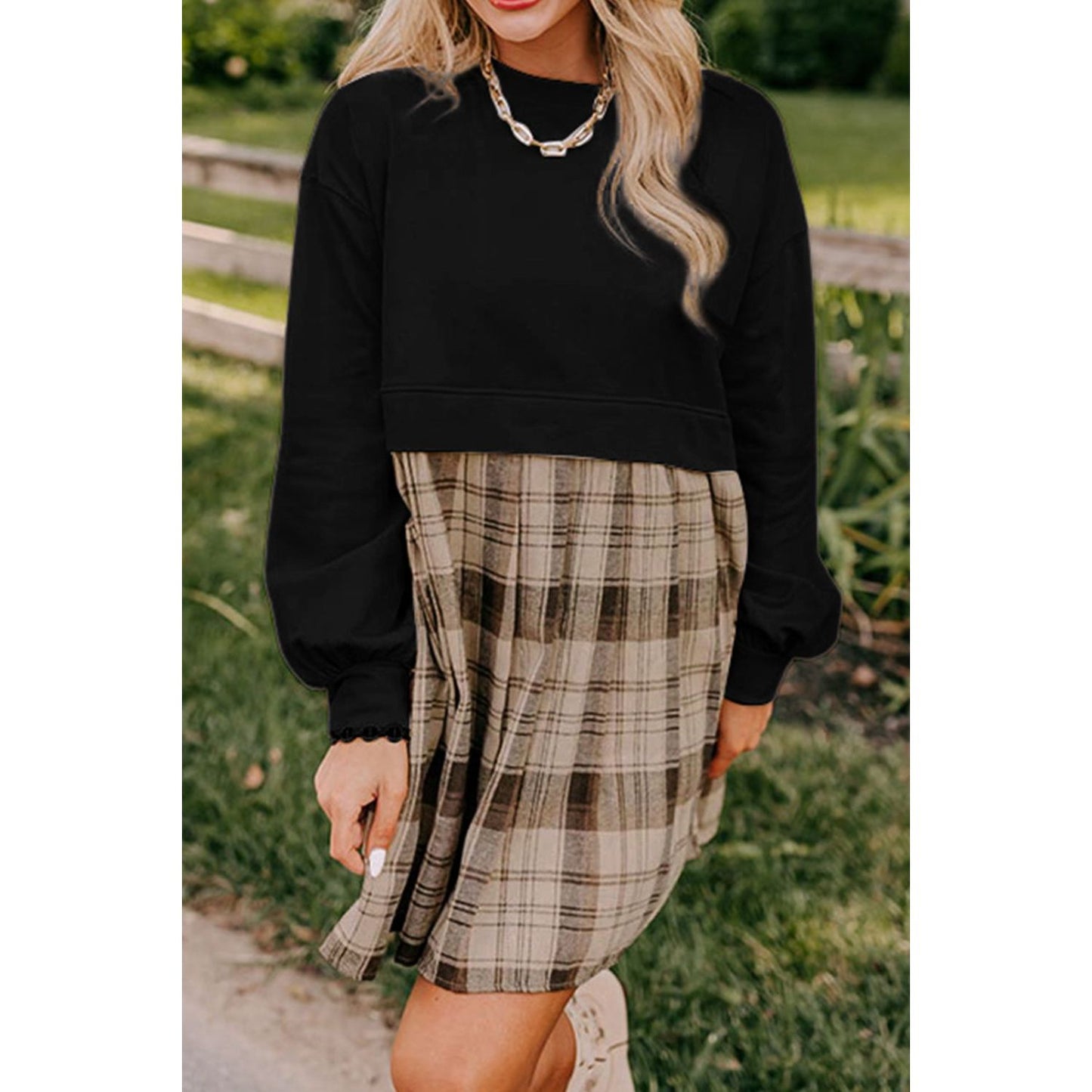 Plaid Round Neck Long Sleeve Mini Dress
