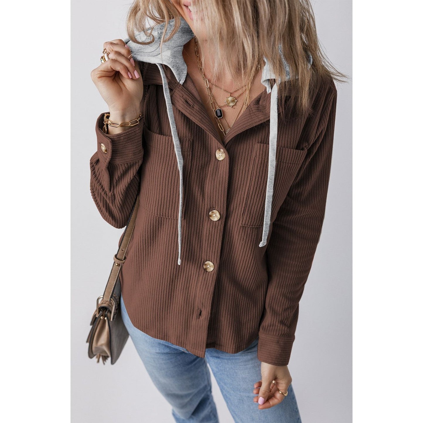 Drawstring Button Up Long Sleeve Hooded Jacket