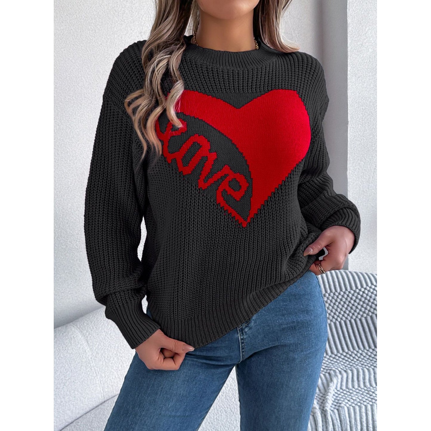 LOVE Heart Round Neck Dropped Shoulder Sweater