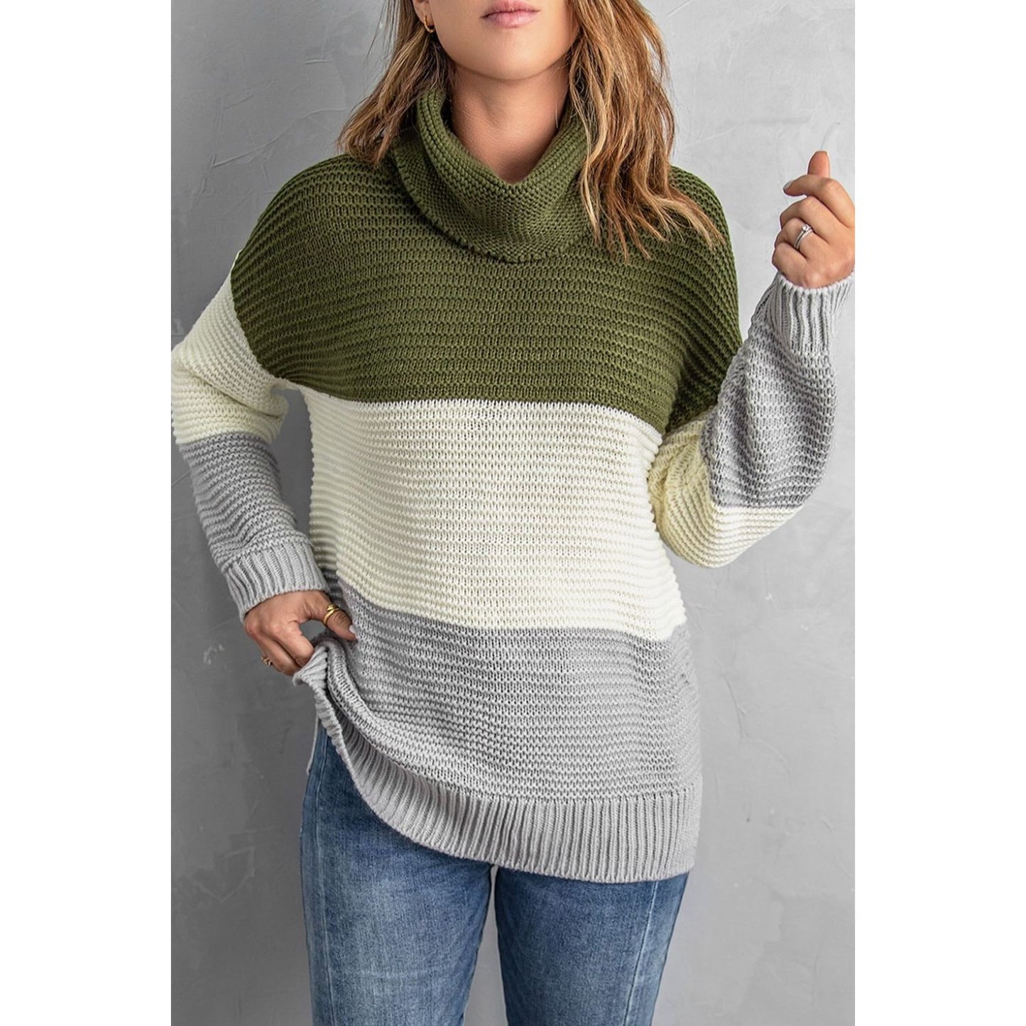 Color Block Turtleneck Long Sleeve Sweater