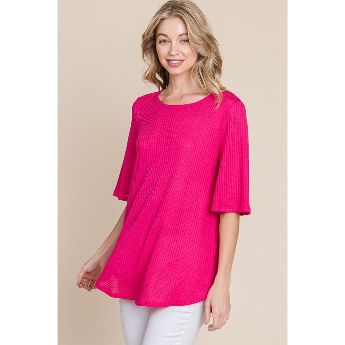 BOMBOM Round Neck Waffle Knit T-Shirt