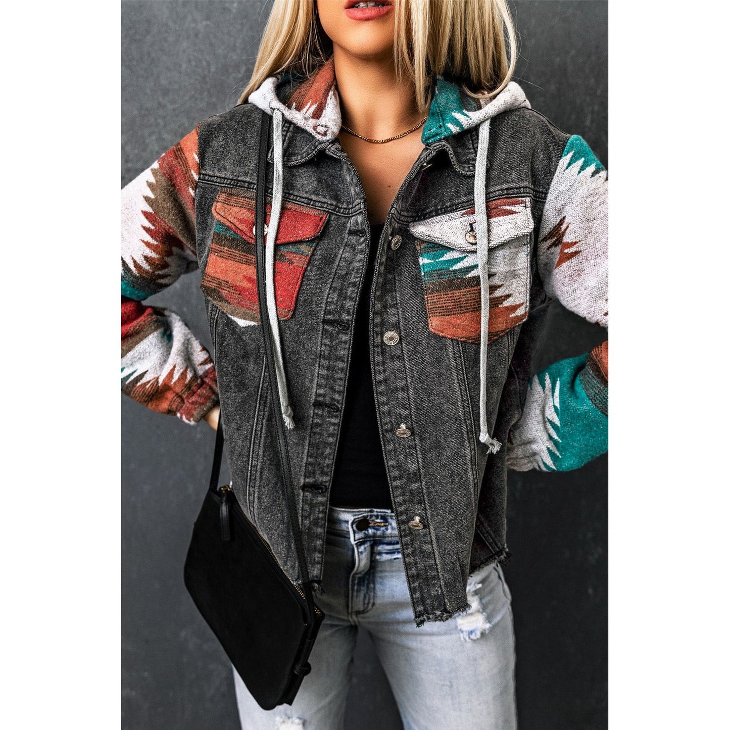 Drawstring Hooded Pocketed Denim Jacket
