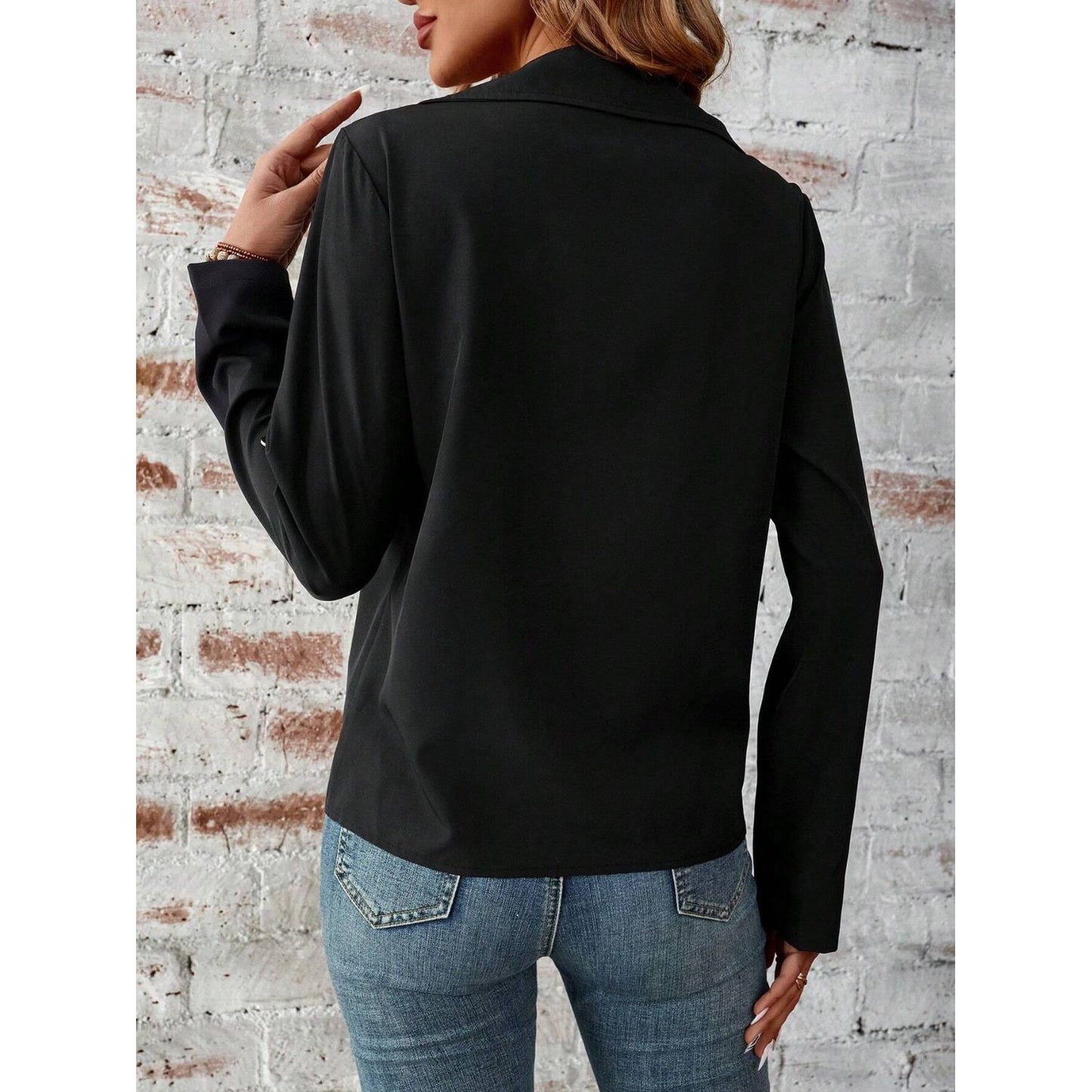 Zip Up Collared Neck Roll-Tab Sleeve Jacket