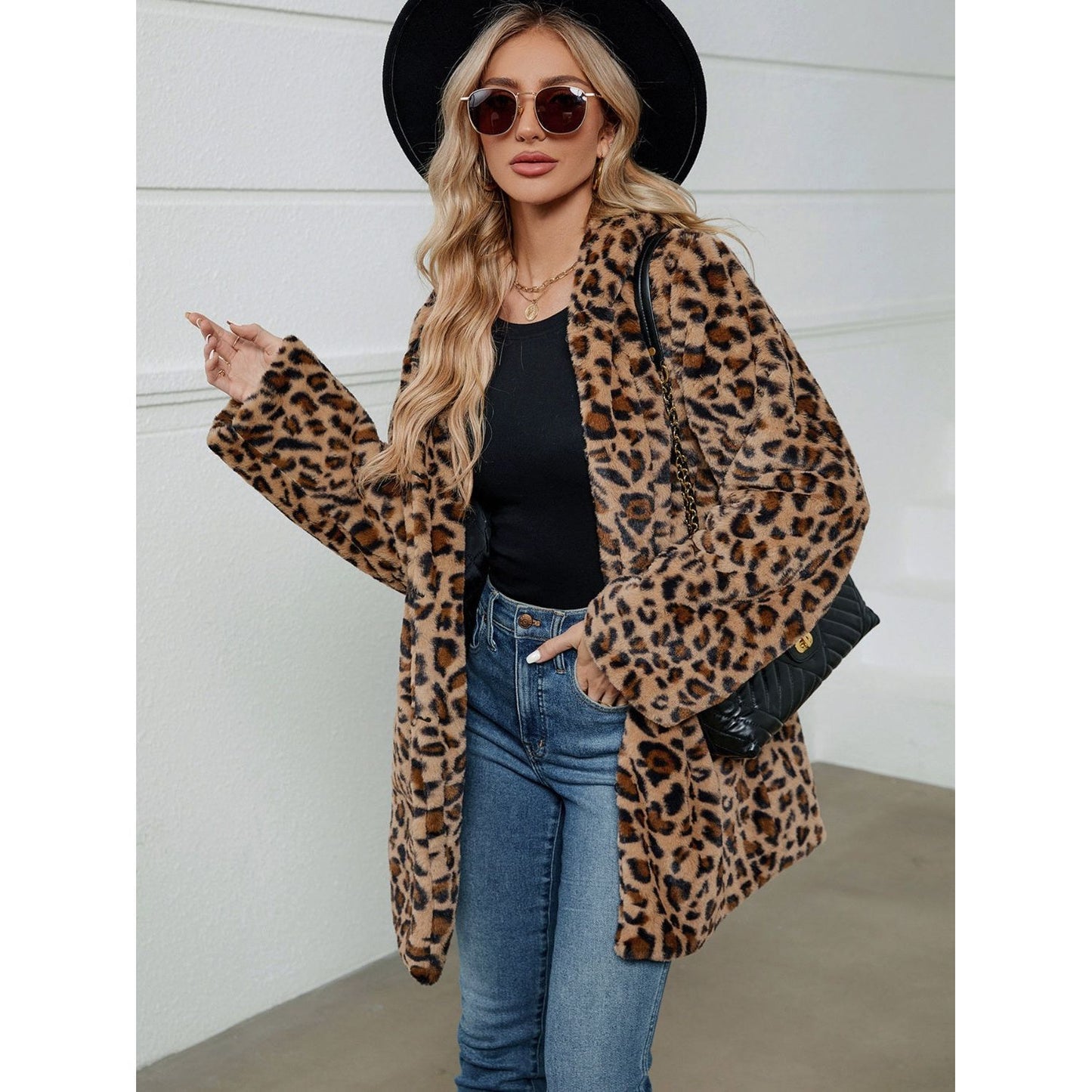 Fuzzy Leopard Hooded Long Sleeve Jacket