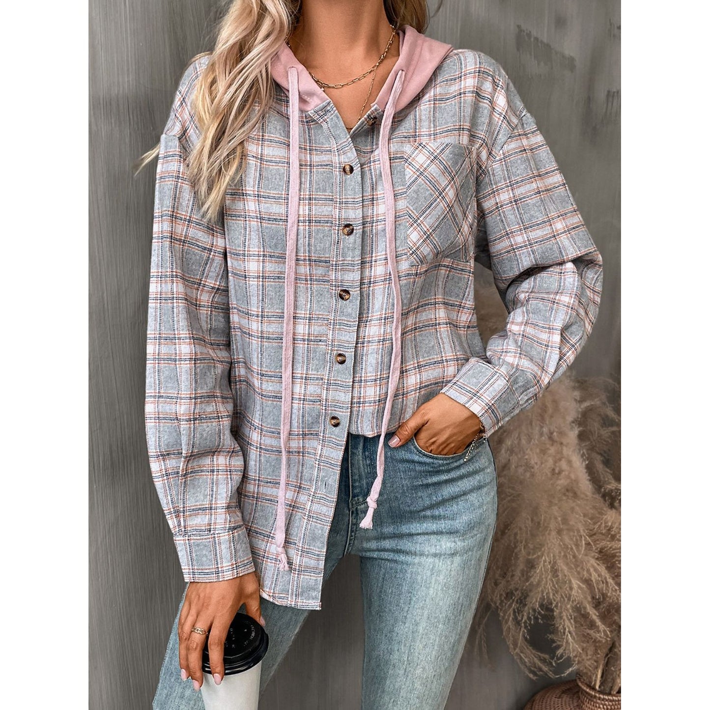 Plaid Long Sleeve Hooded Jacket