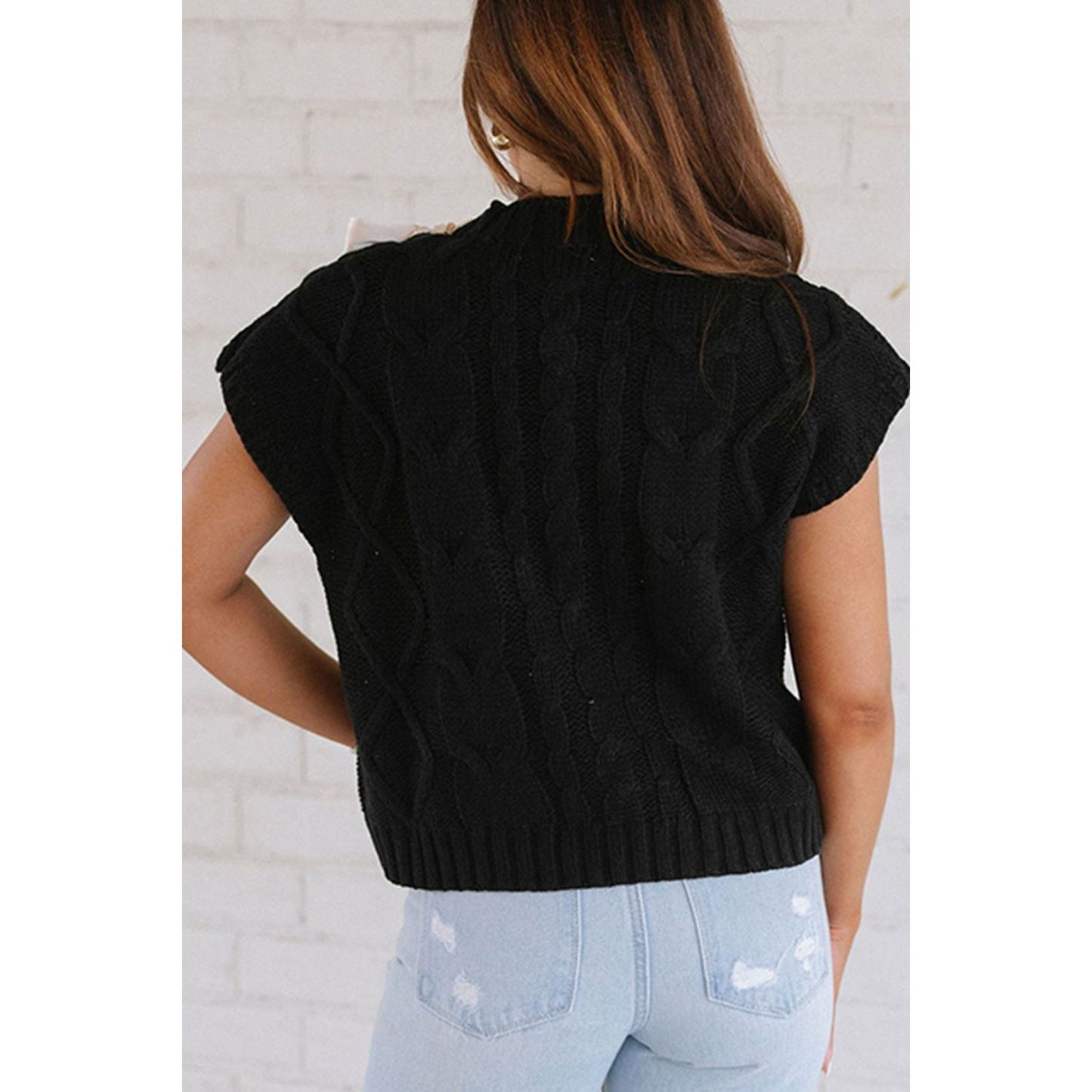 Lace-Up Mock Neck Short Sleeve Sweater